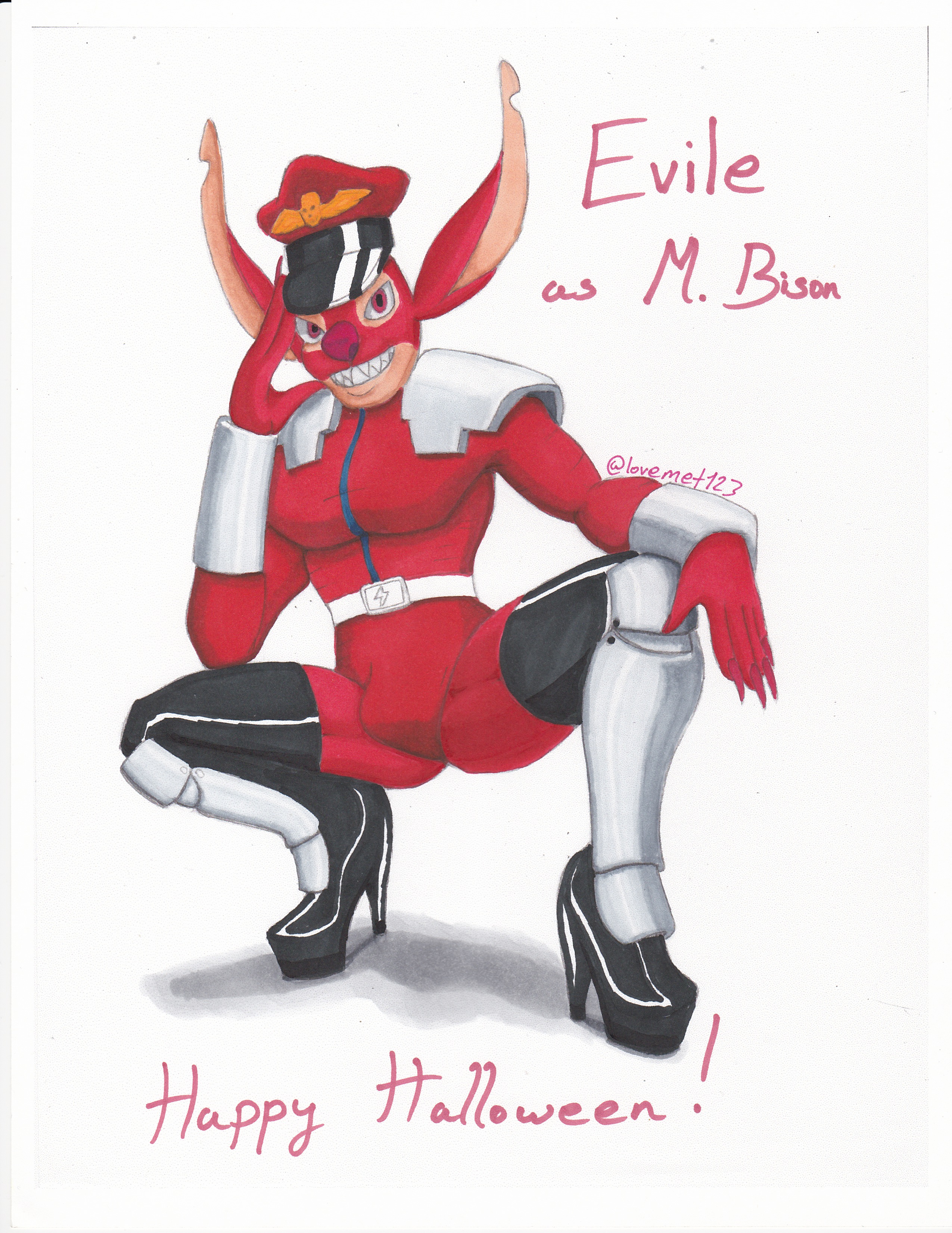 experiment (lilo and stitch), capcom, disney, lilo and stitch, street fighter, absurd res, hi res, simple background, white background, alien, anthro, big pecs, boots, clothing, crouching, experiment 627, footwear, fur, grin, halloween costume, hat, headgear, headwear, high heeled boots, high heels, koala, legwear, long ears, lovemet123 (lovemet room), male, mammal, marsupial, metal plates, nails, pecs, red body, red eyes, red fur, sharp nails, sharp teeth, smile, solo, solo focus, teeth, thick thighs, thigh boots, thigh highs, video games, vombatiform, 