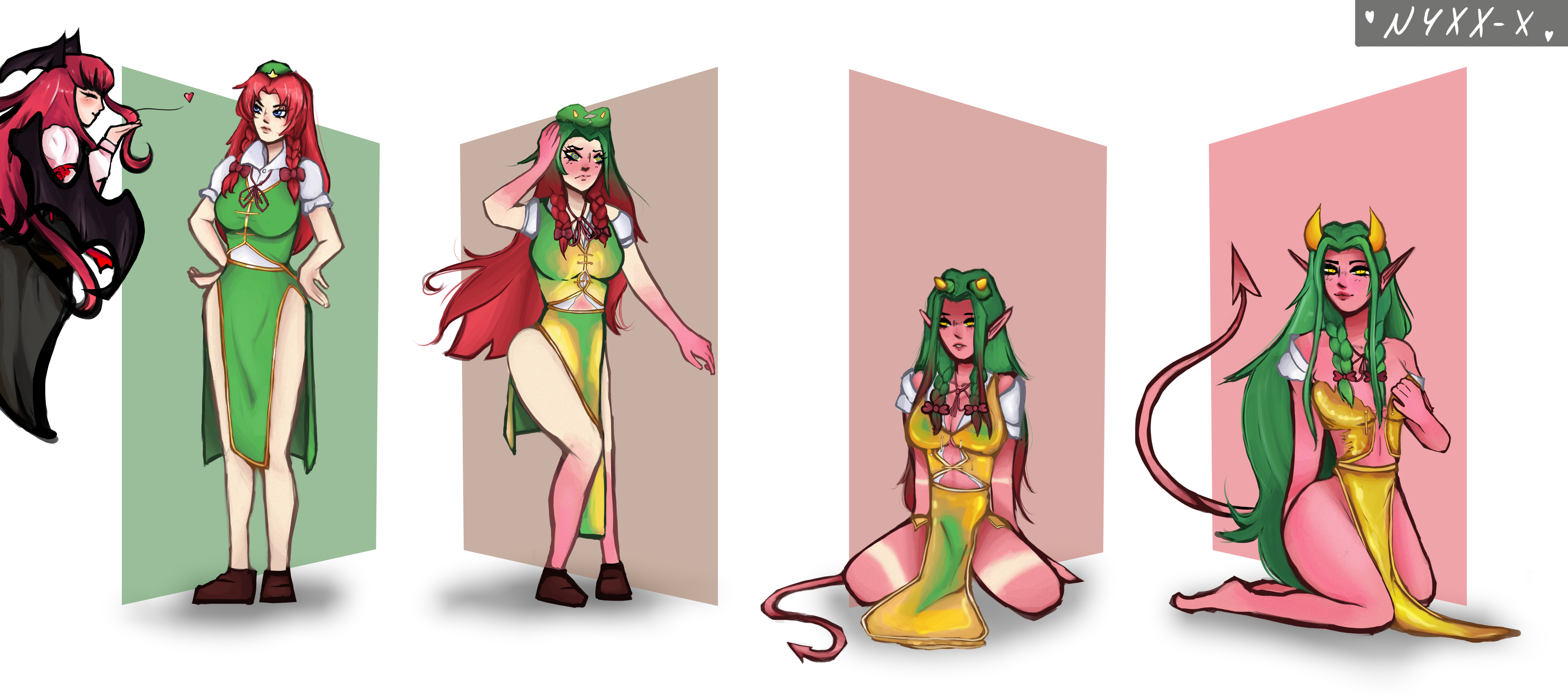 hong meiling, koakuma, touhou, 2girls, corruption, green hair, nyxx-x, red skin, succubus, transformation, yellow horns, 