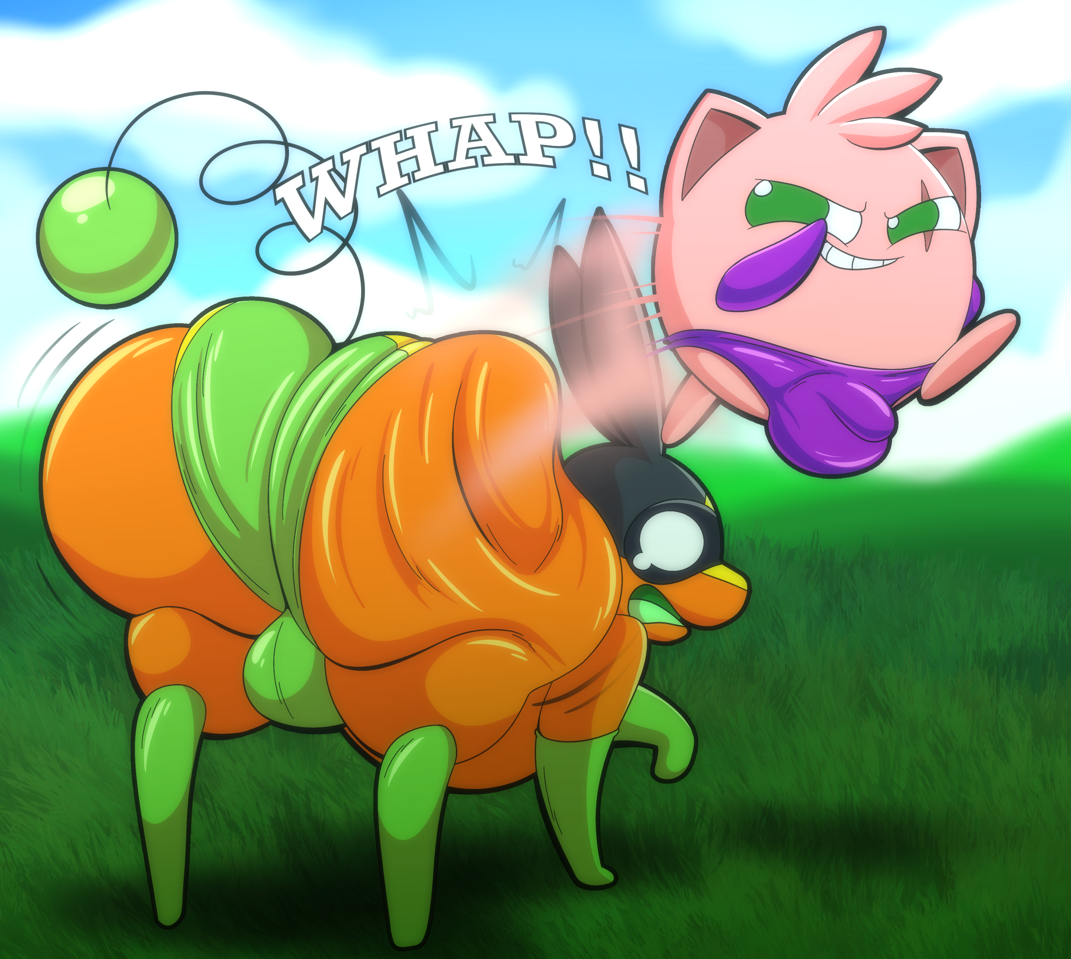 absurd_res ass axel_the_tepig bacon_butt_(tepigfan101) big_butt bulge butt_jiggle butt_ripples butt_slap clothing creampuff_(tepigfan101) detailed_bulge duo eye_scar facial_scar feral generation_1_pokemon generation_5_pokemon gloves grass grass_field green_clothing green_panties green_underwear grin handwear hi_res huge_butt jiggling jigglypuff legwear male male/male mask motion_lines nintendo onomatopoeia panties plant pokemon pokemon_(species) purple_clothing purple_panties purple_underwear scar shocked slap smacking_ass smile sound_effects standing stockings superhero superhero_costume supervillain supervillain_costume tepig tepigfan101 text underwear waddling_head