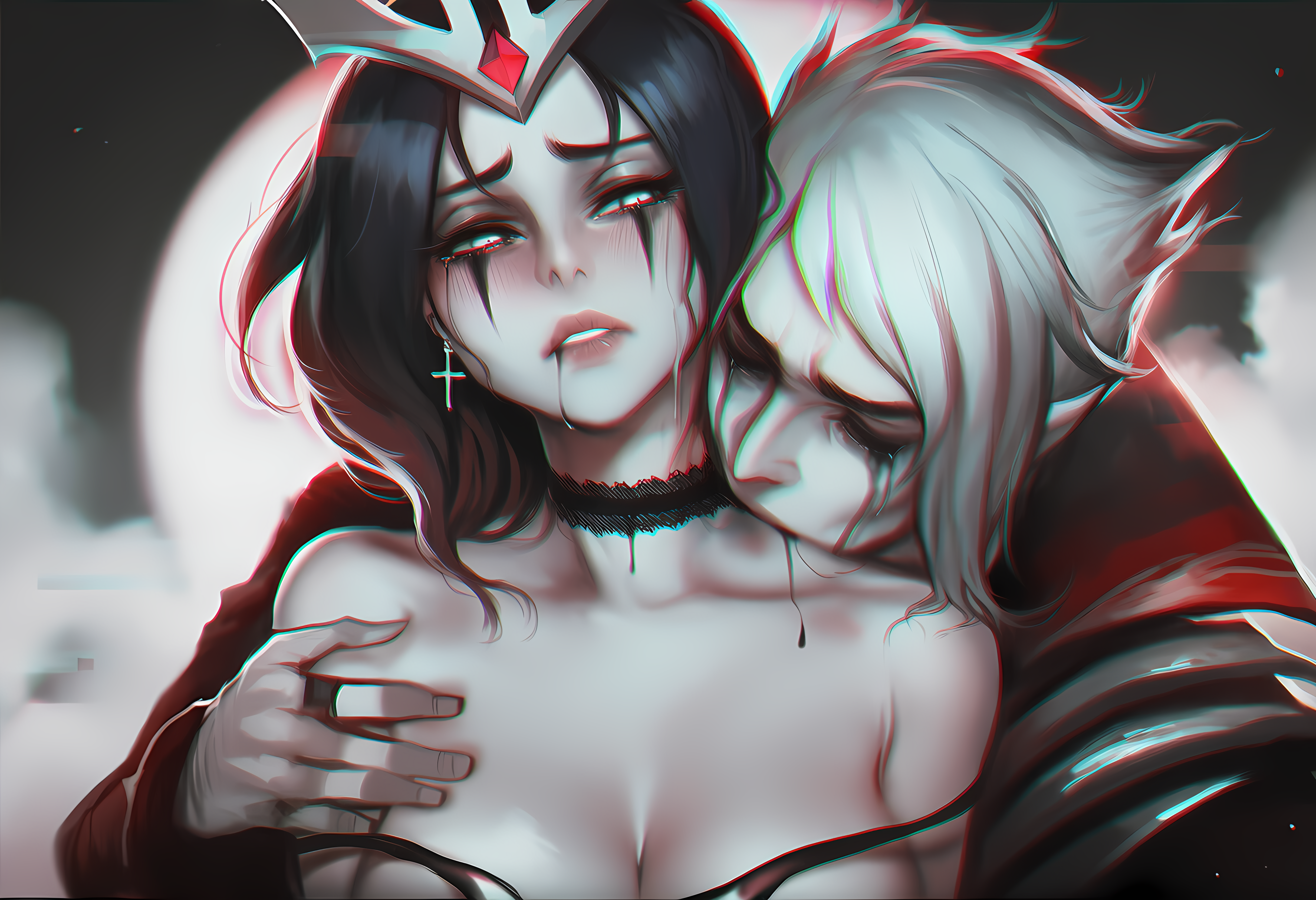 ai_art ai_assisted ai_generated aisei artistic_nude beautiful_sadness bite bite_mark_on_neck blood_drip blood_on_face choker couple couple_(romantic) couple_love crying crying_blood dramatic dramatic_pose forsaken glitch glitching holding_head hug_from_behind inspired_by_music_album league_of_legends league_of_legends:_wild_rift leblanc light makeup sad shattered tears vampire vladimir_(league_of_legends)