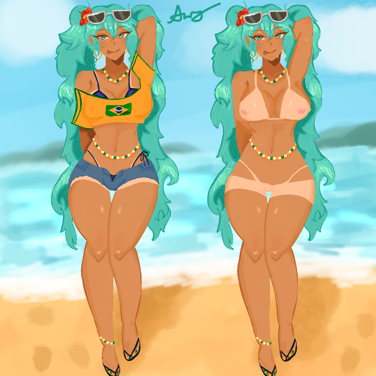 beach big_breasts bikini blue_eyes blue_hair brazil brazilian brazilian_female brazilian_miku breasts female hatsune_miku sandals smirk tan_lines tan_skin twintails vocaloid waist_beads