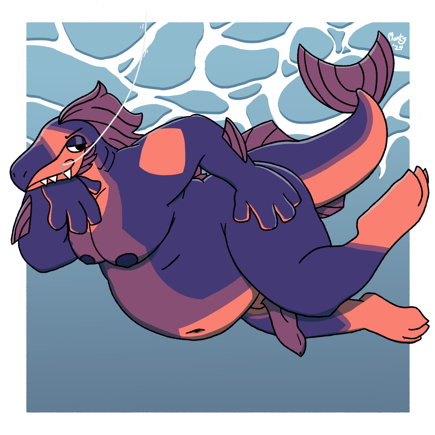 anthro ass baron_montesque baron_montesque_(copyright) belly big_ass big_belly big_butt black_eyes cel_shading fangs fat_rolls fin fish fish_hook fishing fishing_line genitals gills hi_res hook landon_the_salmon_(character) looking_at_viewer male marine markings moobs navel nipples orange_body orange_scales overweight overweight_anthro penis presenting presenting_hindquarters purple_body purple_fins purple_scales salmon salmonid_(fish) scales shaded slit_(disambiguation) solo stripes superchub tail teeth underwater water