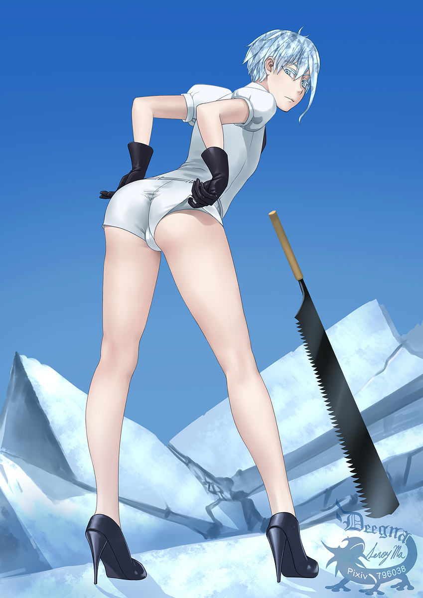 hertro, antarcticite (land of the lustrous), land of the lustrous, 2018, blue background, rule 63, ambiguous gender, black gloves, black high heels, detailed background, gloves, high heels, humanoid, light-skinned female, light skin, looking at viewer, looking back, pussy bulge, short hair, shorts, tie, uniform, white eyebrows, white eyes, white hair, white shorts, 