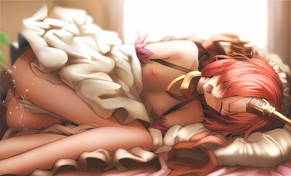 ginhaha, frankenstein (fate), fate/apocrypha, fate/grand order, fate (series), bare shoulders, blush, breasts, closed eyes, hair over one eye, legs together, looking at viewer, lying, masturbation, nipples, no bra, on side, orange hair, pussy juice, saliva, small breasts, solo, 