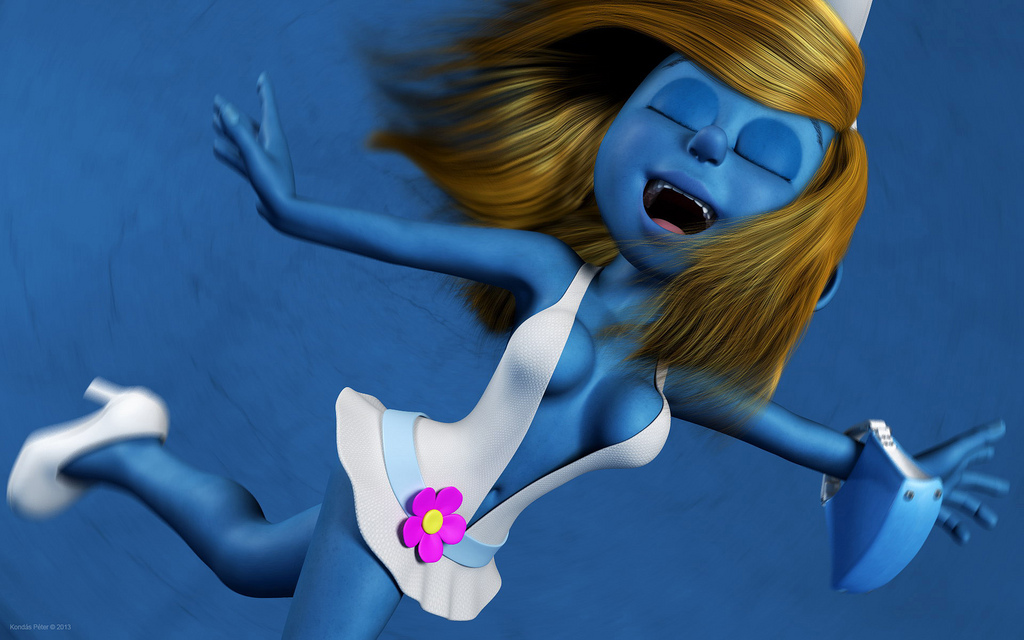 kondaspeter, smurfette, the smurfs, 2013, 1girls, blonde hair, blue skin, breasts, cleavage, dress, female, large breasts, navel, no humans, open clothes, purse, smurf, solo, 