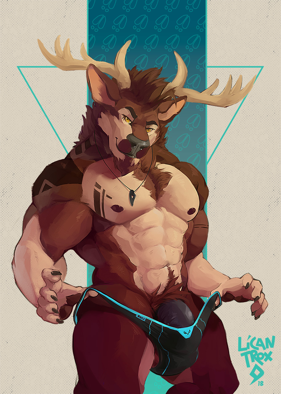 licantrox, pose, abs, bone, bulge, cervine, fluffy, grin, jock, male, male only, mammal, muscular, paint, pecs, pendant, penis, smile, solo, tattoo, troxo, 