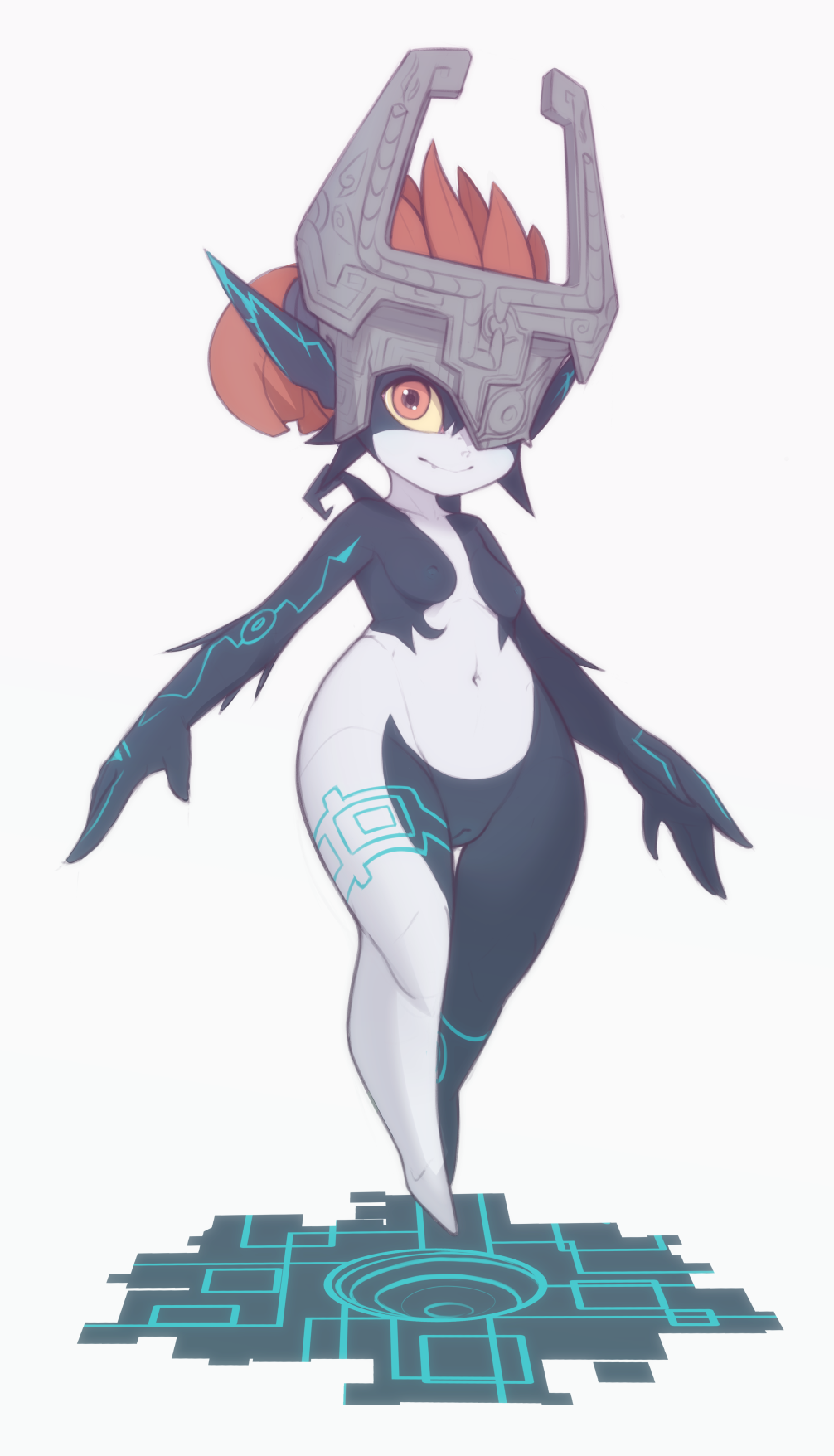 kekitopu, midna, nintendo, the legend of zelda, twilight princess, 2019, pose, simple background, white background, 1girls, 4 fingers, armor, black skin, breasts, feet, female, female only, floating, hair, helmet, humanoid, imp, imp midna, looking at viewer, multicolored skin, navel, nipple bulge, nude, pointy ears, pussy, red eyes, red hair, shortstack, small breasts, smile, solo, thick thighs, thigh gap, twili, two tone skin, video games, white skin, wide hips, 