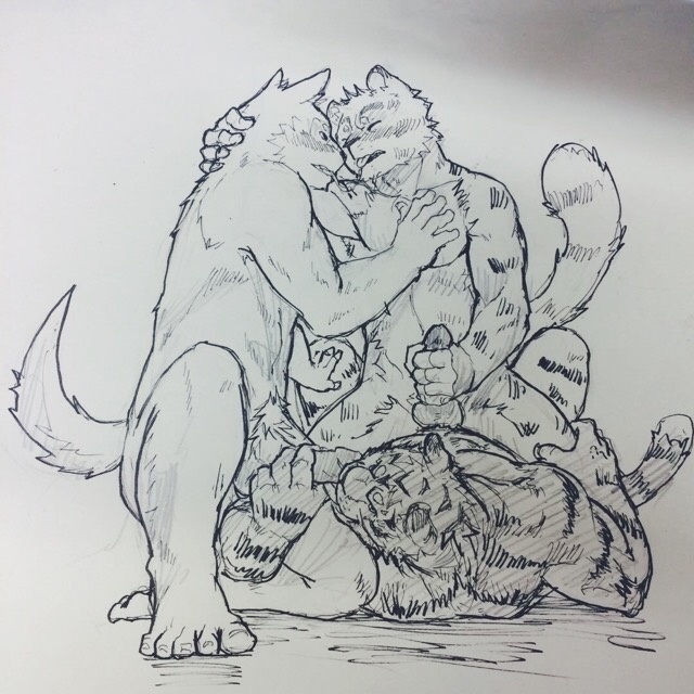 monochrome, canine, feline, gay, interspecies, male, male only, mammal, tiger, yaoi, ラーメン, 