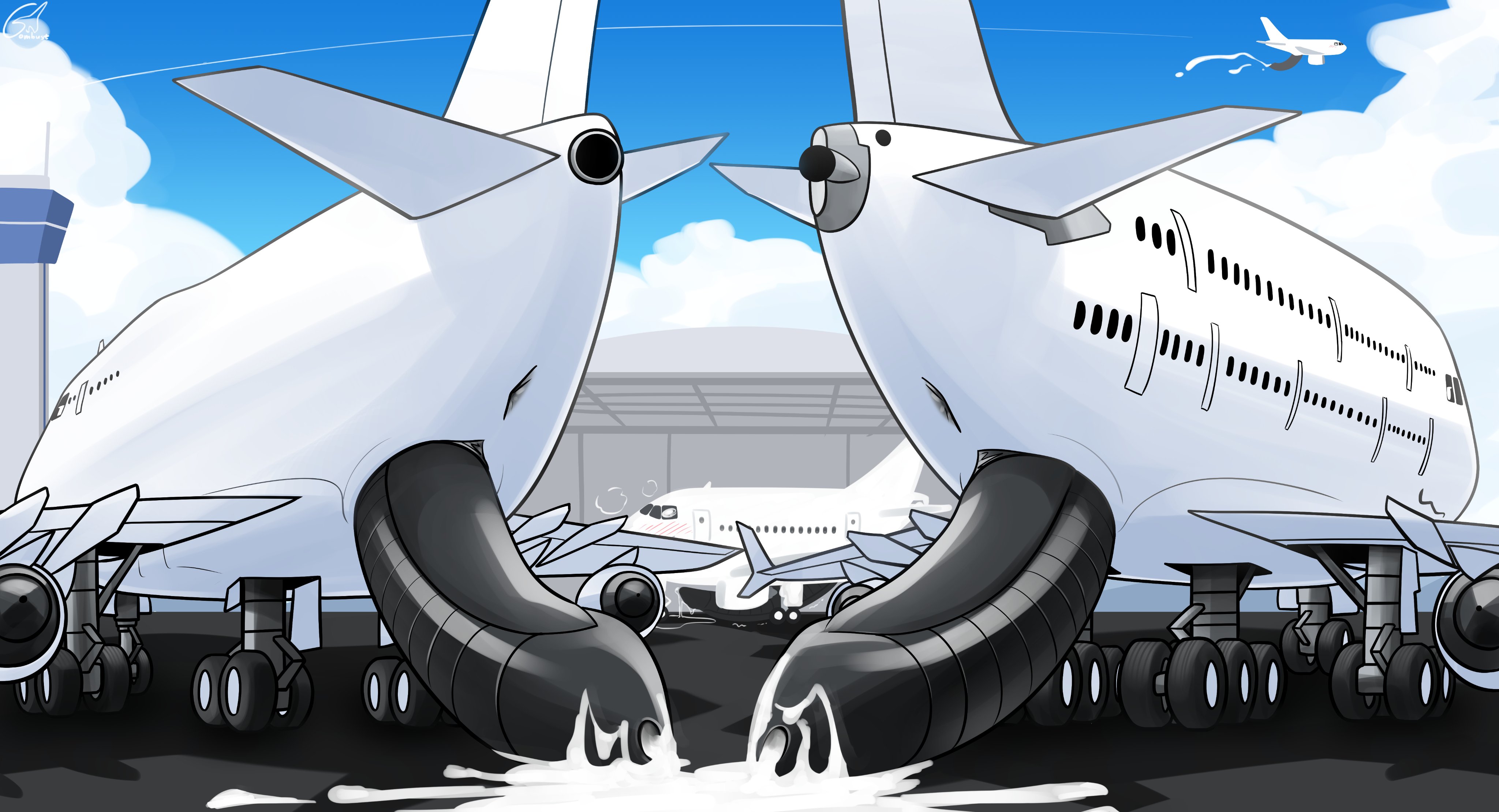 absurd res, hi res, 2022, aircraft, airplane, anus, ass, big penis, bodily fluids, cum, cum on ground, cum on penis, cumming at viewer, cumming together, dire aircraft, dire machine, dire vehicle, duo, ejaculation, erection, feral, genital fluids, genitals, ivxair3p, living aircraft, living machine, living vehicle, looking at viewer, looking back, machine, male, male/male, not furry, penile, penis, rear view, sky, smile, smirk, vehicle, 