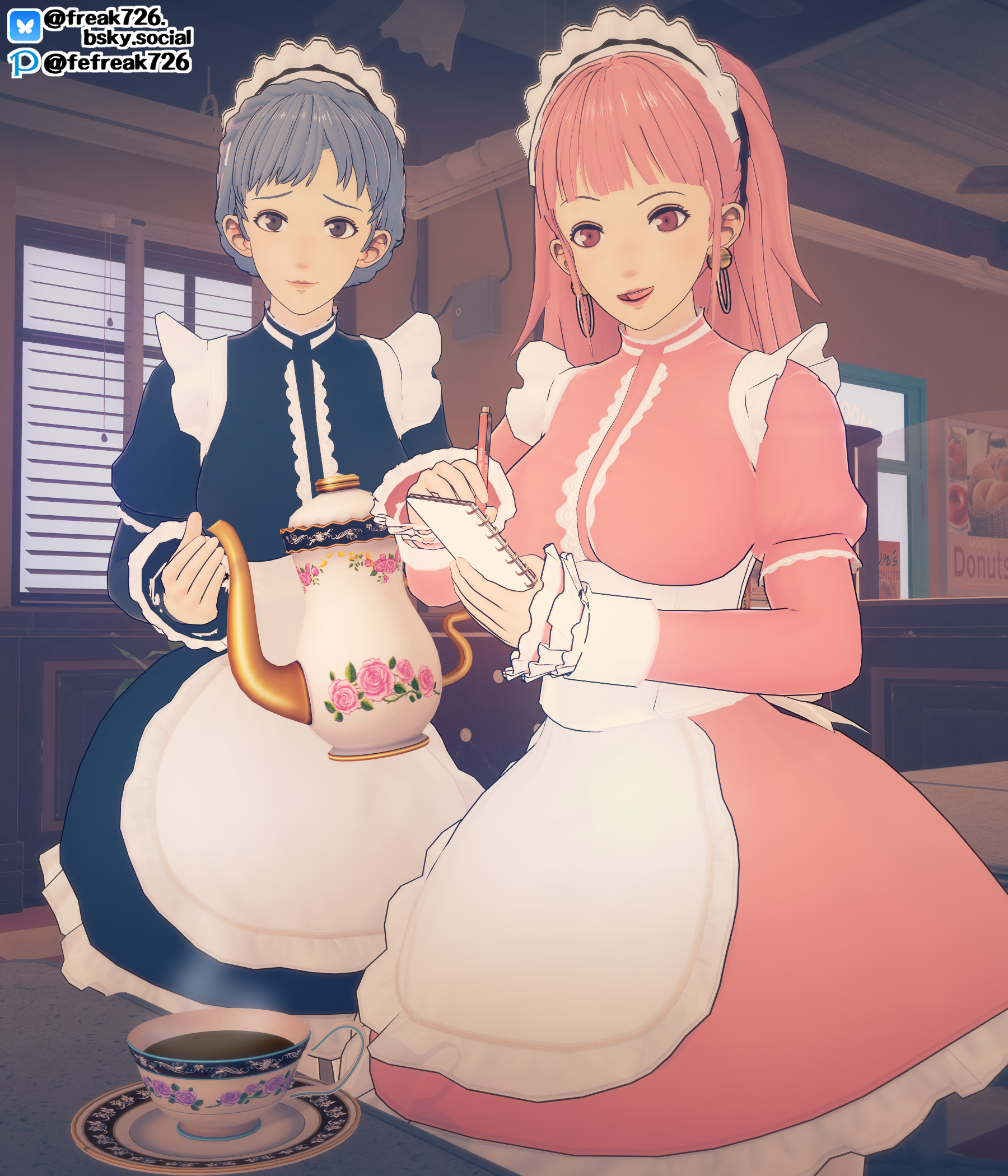 2girls 3d alternate_costume bangs black_eyes blue_hair braid breasts cafe dress earrings fefreak726 female female_only fire_emblem fire_emblem:_three_houses hilda_valentine_goneril holding holding_pen indoors light_blue_hair long_hair long_sleeves looking_at_viewer maid maid_headdress marianne_von_edmund medium_breasts multiple_females multiple_girls nintendo notebook open_mouth pen pink_eyes pink_hair ponytail raised_eyebrow short_hair smile steam tea teacup teapot thighhighs waitress window