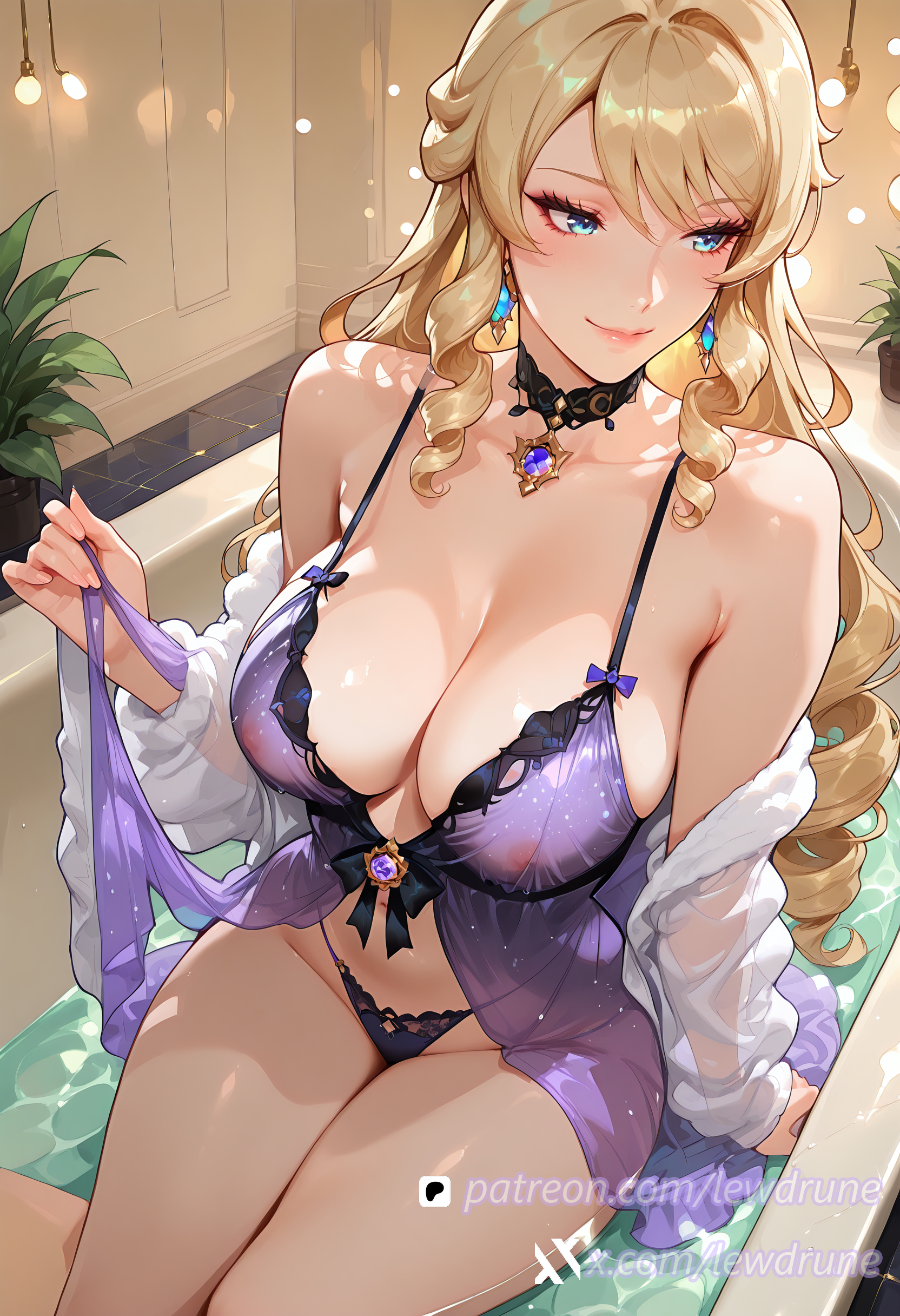 ai_generated black_choker blonde_hair blue_eyes curvy_figure female genshin_impact gold_earrings lewdrune navia_(genshin_impact) solo