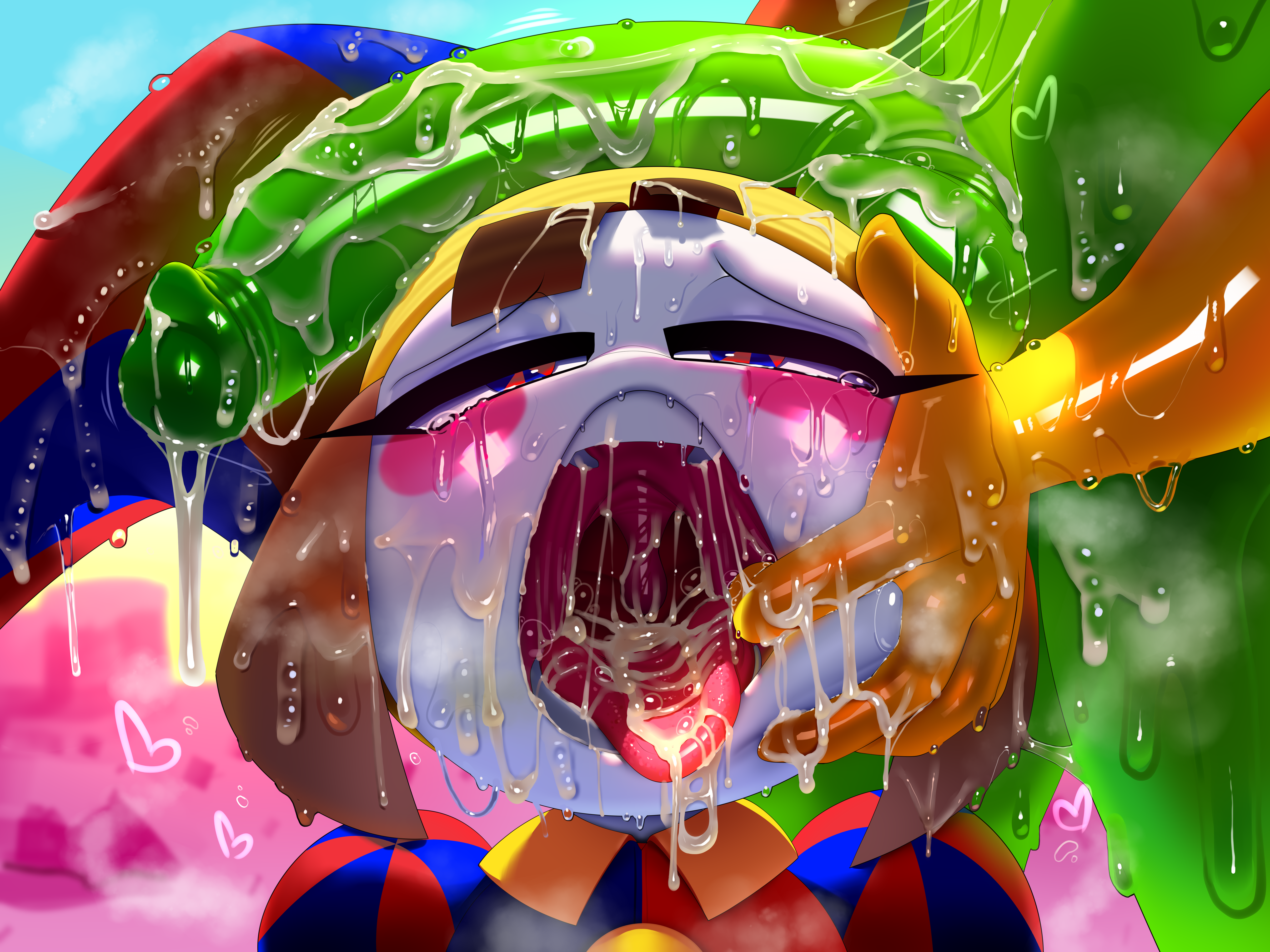 absurd_res anthro balls big_balls big_penis bodily_fluids candy clothed clothed_female clothing crocodilian cum cum_in_mouth cum_inside cum_on_face dessert duo female female_human female_on_anthro food food_creature fool's_hat genital_fluids genitals glitch_productions gummigoo_(tadc) gummy_(food) gummy_creature hat headgear headshot_portrait headwear hi_res human humanoid_genitalia humanoid_penis living_candy male male/female male_anthro male_on_human mammal mouth_shot nude_male open_mouth penis penis_on_head pomni_(tadc) portrait reptile scalie the_amazing_digital_circus theboogie tongue tongue_out uvula white_body white_skin