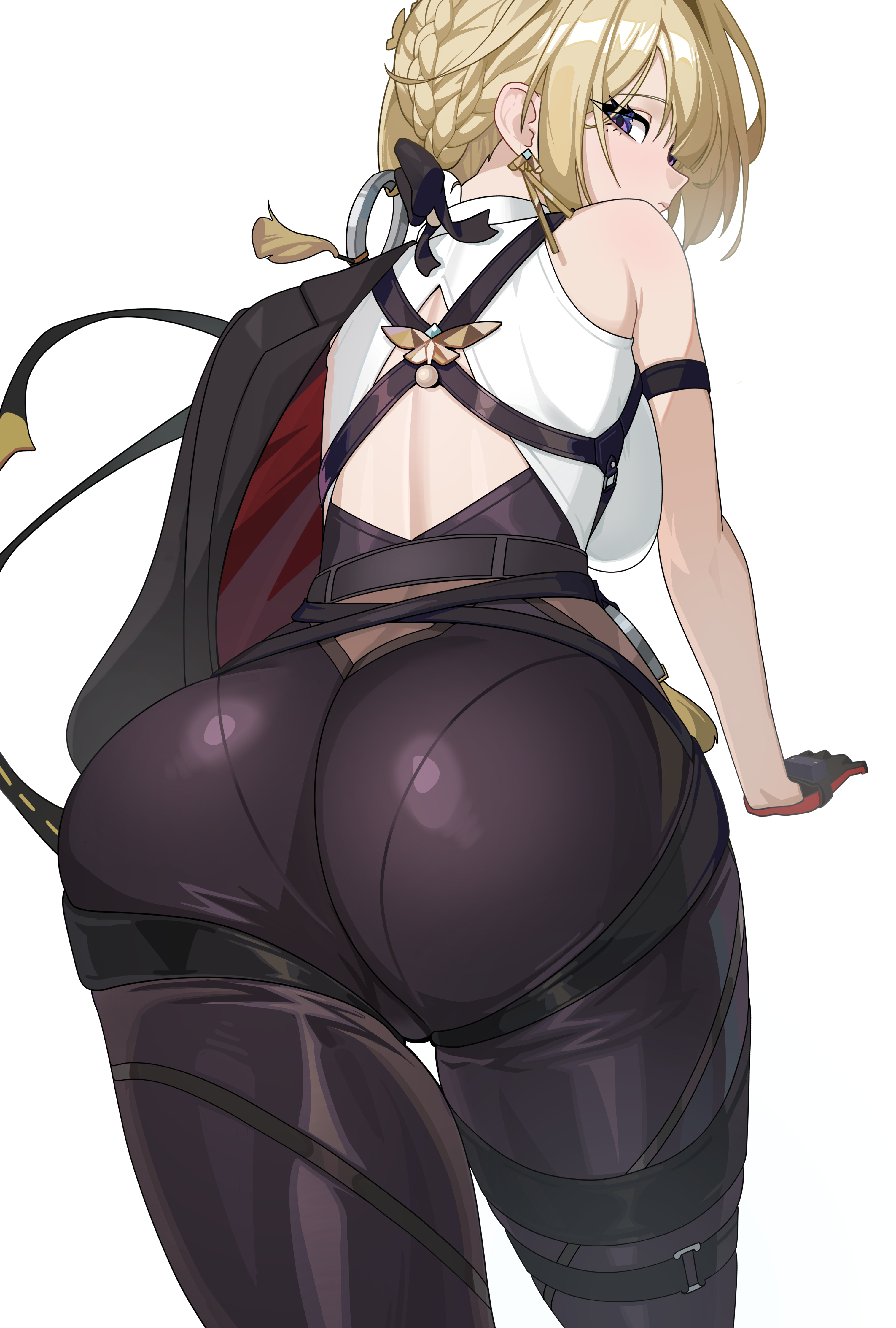 absurdres aiden_(ofsb) arm_strap arm_support ass ass_focus back back_cutout black_gloves black_jacket black_pants blonde_hair braid breasts bun_with_braided_base chest_harness closed_mouth clothing_cutout commentary_request cowboy_shot criss-cross_back-straps earrings evelyn_chevalier female from_behind gloves hair_bun harness high-waist_pants highres jacket jacket_on_shoulders jewelry large_breasts latex_pants leaning_forward looking_at_viewer looking_back mole mole_under_eye pants parted_bangs purple_eyes shirt sidelocks simple_background single_earring single_hair_bun sleeveless sleeveless_shirt solo standing strap thigh_strap tight_clothes tight_pants turning_head two-sided_fabric two-sided_gloves two-sided_jacket white_background white_shirt zenless_zone_zero