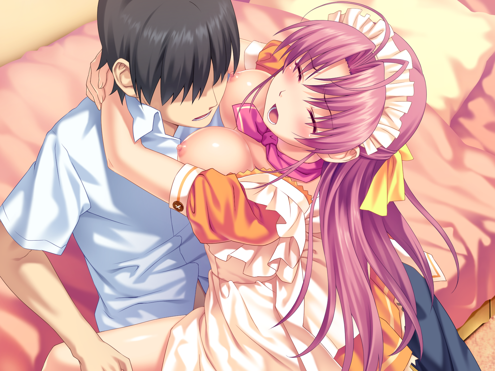 koutaro, aoi matsuri, tropical kiss, game cg, highres, bed, blush, breasts, cowgirl position, eyess closed, long hair, nipples, open mouth, pink hair, sex, waitress, 