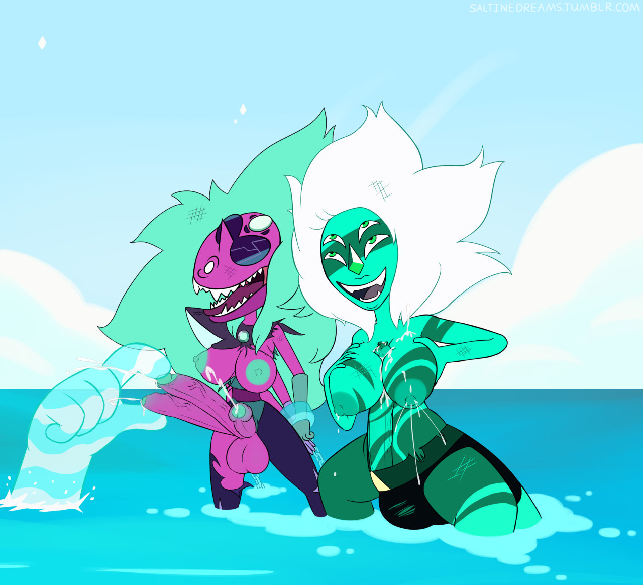 alexandrite (steven universe), malachite (steven universe), cartoon network, steven universe, 2futas, autopaizuri, balls, big breasts, breasts, cleavage, cum, cumshot, duo, ejaculation, erection, futa only, futanari, giantess, hydrokinesis, intersex, looking at penis, milk, multiple eyes, multiple penises, ocean, orgasm, partially submerged, penis, smile, water, 