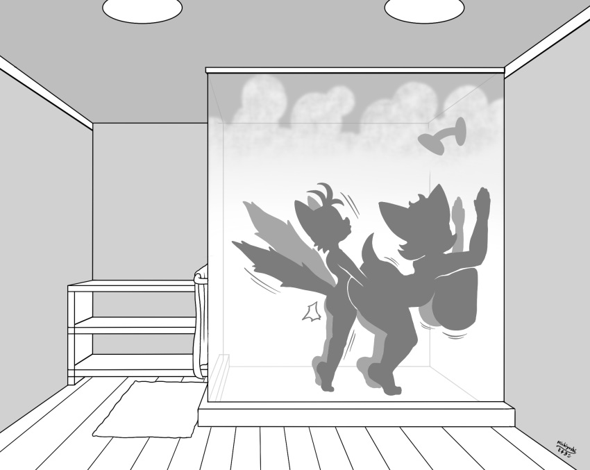 michiyoshi, rouge the bat, tails, sega, sonic the hedgehog (series), against surface, against wall, age difference, ambiguous penetration, anthro, ass, bat, butt grab, canid, canine, doggy style, duo, female, fox, from behind position, hand on butt, male, male/female, mammal, older female, penetration, sex, shower, silhouette, silhouetted body, steam, tiptoes, younger male, 