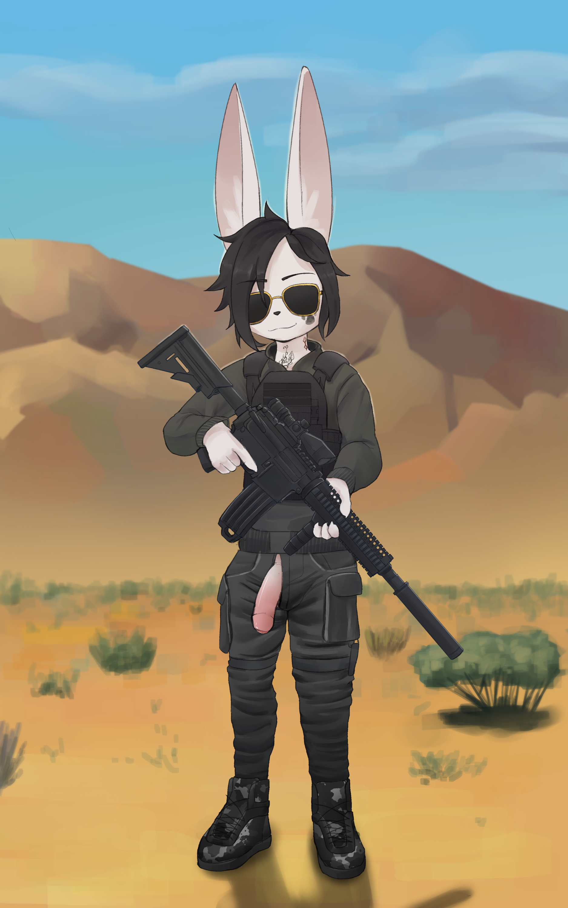 2024 5:8 5_fingers absurd_res anthro aviator_glasses black_hair boots bottomwear bulletproof_vest camo cargo_pants casual clothed clothing digital_drawing_(artwork) digital_media_(artwork) eyewear fingers firearm flaccid footprint footwear foreskin fur genitals glasses gun hair hi_res humanoid_genitalia humanoid_penis jacket jason_(maxkore) lagomorph leporid magazine_(gun) male mammal markings outside pants pawprint pawprint_(marking) penis plate_carrier portrait pureolliebranch rabbit ranged_weapon rifle scope solo standing sunglasses suppressor tactical_gear tattoo topwear trigger_discipline uncircumcised unzipped unzipped_pants weapon white_body white_fur zipper