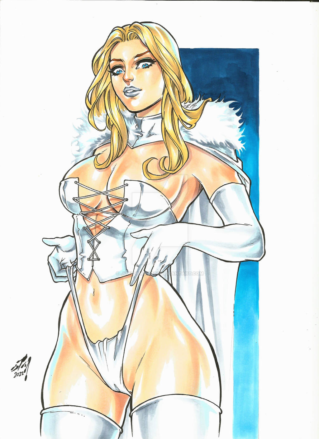 ed benes studio, junior maia, emma frost, hellfire club, white queen, marvel, marvel comics, x-men, simple background, white background, 1female, big breasts, blonde hair, blue eyes, cleavage, cloak, corset, deviantart logo, distracting watermark, elbow gloves, fur trim, latex corset, latex gloves, latex thighhighs, long hair, looking at viewer, looking down, mutant, navel, pulling thong, seductive look, seductive smile, silver lipstick, solo, solo female, standing, thighhighs, thong, thong pull, white cloak, white corset, white elbow gloves, white latex corset, white latex elbow gloves, white latex thighhighs, white thighhighs, white thong, 
