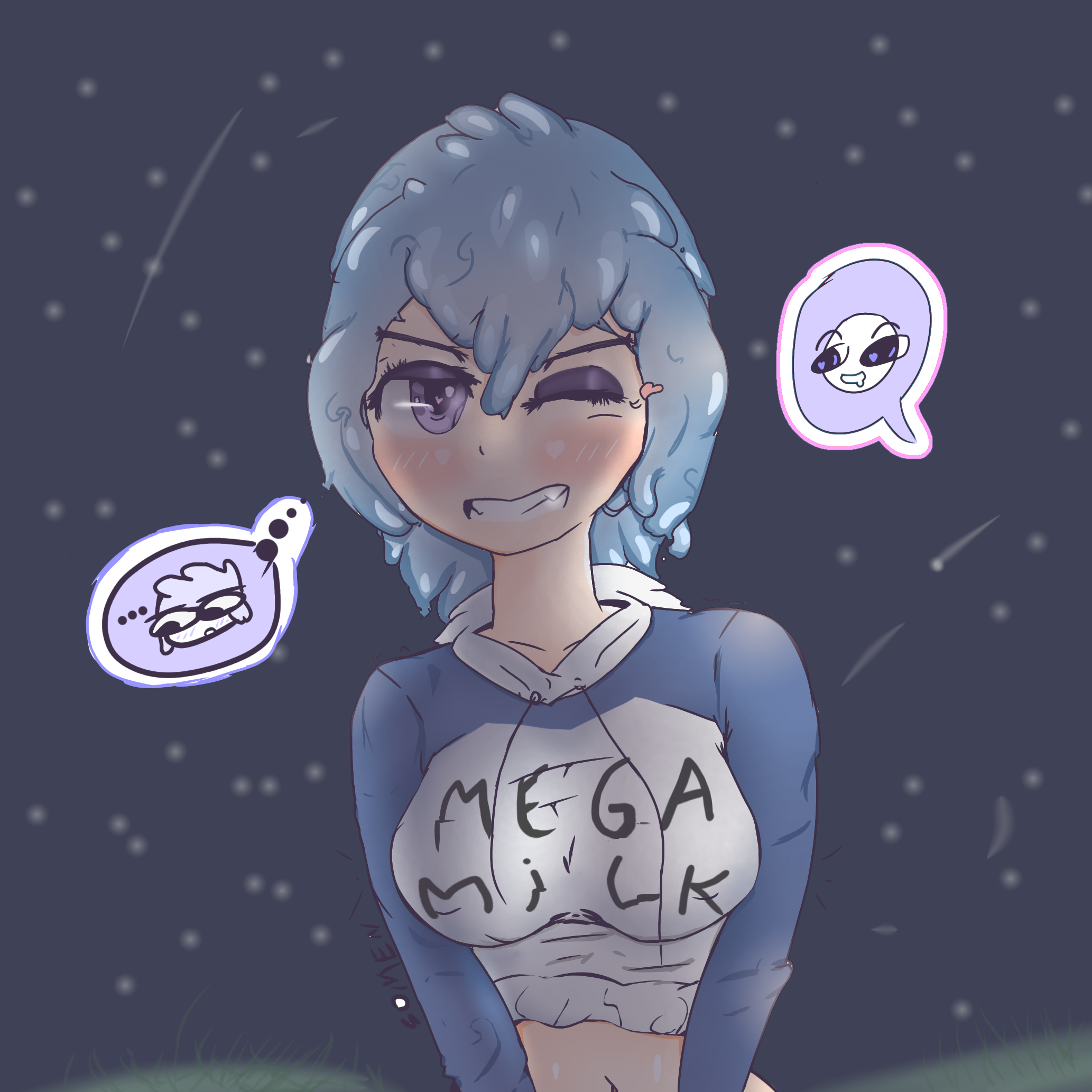 original character, mega milk, blue hair, emoji, purple eyes, slime girl.