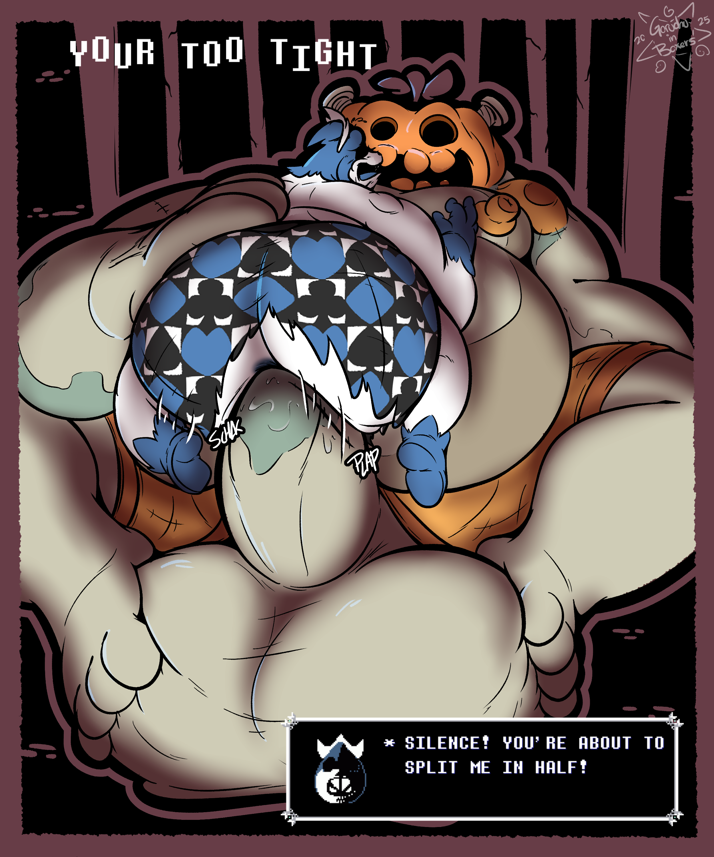 2025 5:6 absurd_res anal anal_sex anus ass balls belly big_balls big_penis bottomwear boxer_briefs clothing darkner deltarune dialogue digital_drawing_(artwork) digital_media_(artwork) duo english_text erection feet fleshlight_position foot_on_balls for_a_head genitals gloves gorochuinboxers handwear hi_res holding_another huge_balls huge_cock humanoid hyper hyper_balls hyper_genitalia hyper_penis jackenstein king_spade male male/male male_penetrated male_penetrating male_penetrating_male moobs nervous nipples object_head open_mouth orange_boxer_briefs orange_clothing orange_underwear overweight pattern_bottomwear pattern_boxer_briefs pattern_clothing penetration penile penile_penetration penis penis_in_ass penis_poking_out penis_through_fly plap_(sound) schlick_(sound_effect) sex simple_background size_difference smaller_penetrated sound_effects teeth text text_box torn_bottomwear torn_clothing torn_underwear undertale_(series) underwear