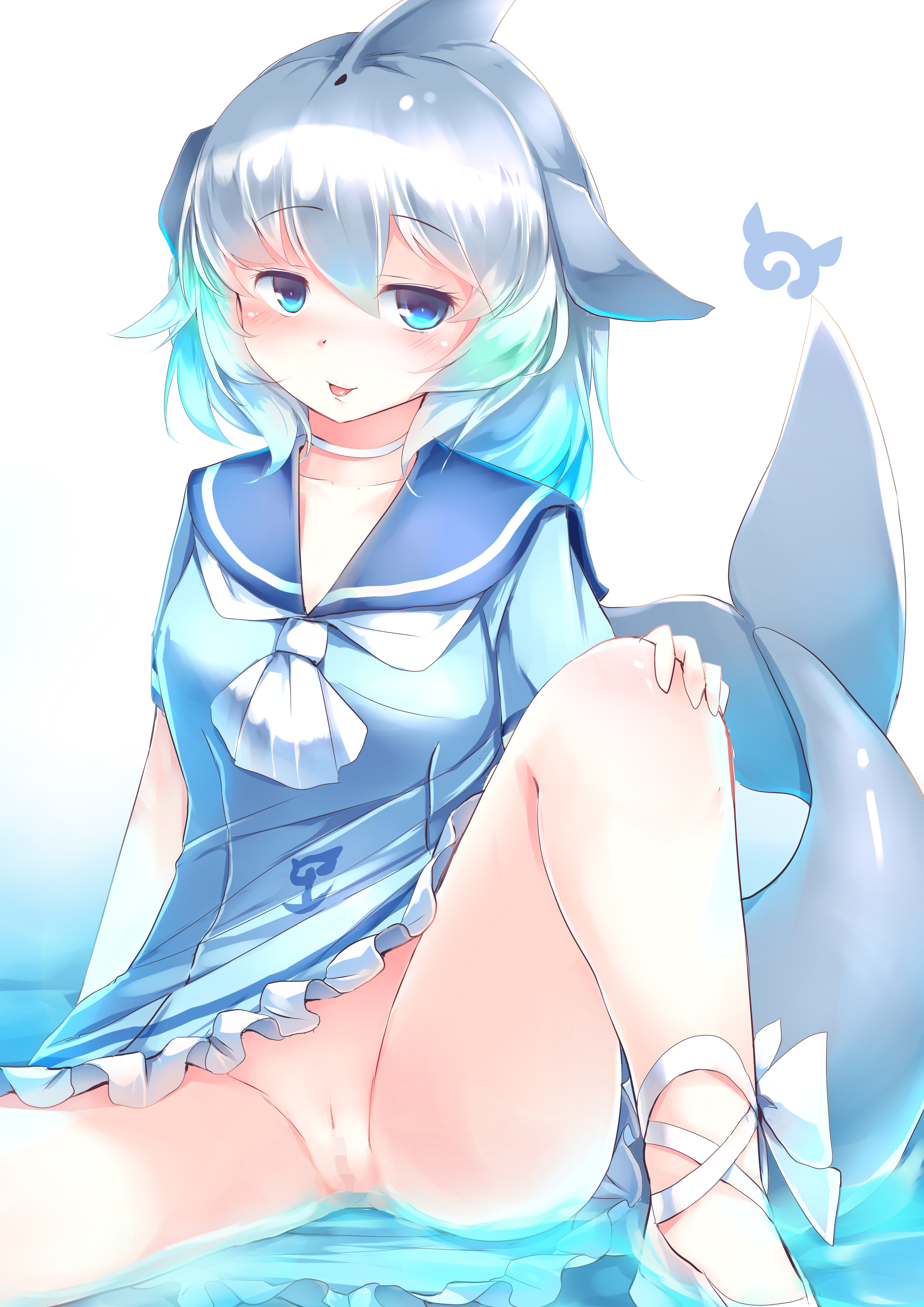 kemono friends, mosaic censoring, tagme, blue eyes, bottlenose dolphin, bottomless, lifted skirt, monster girl, pussy, sailor collar, short hair, tail, water, 