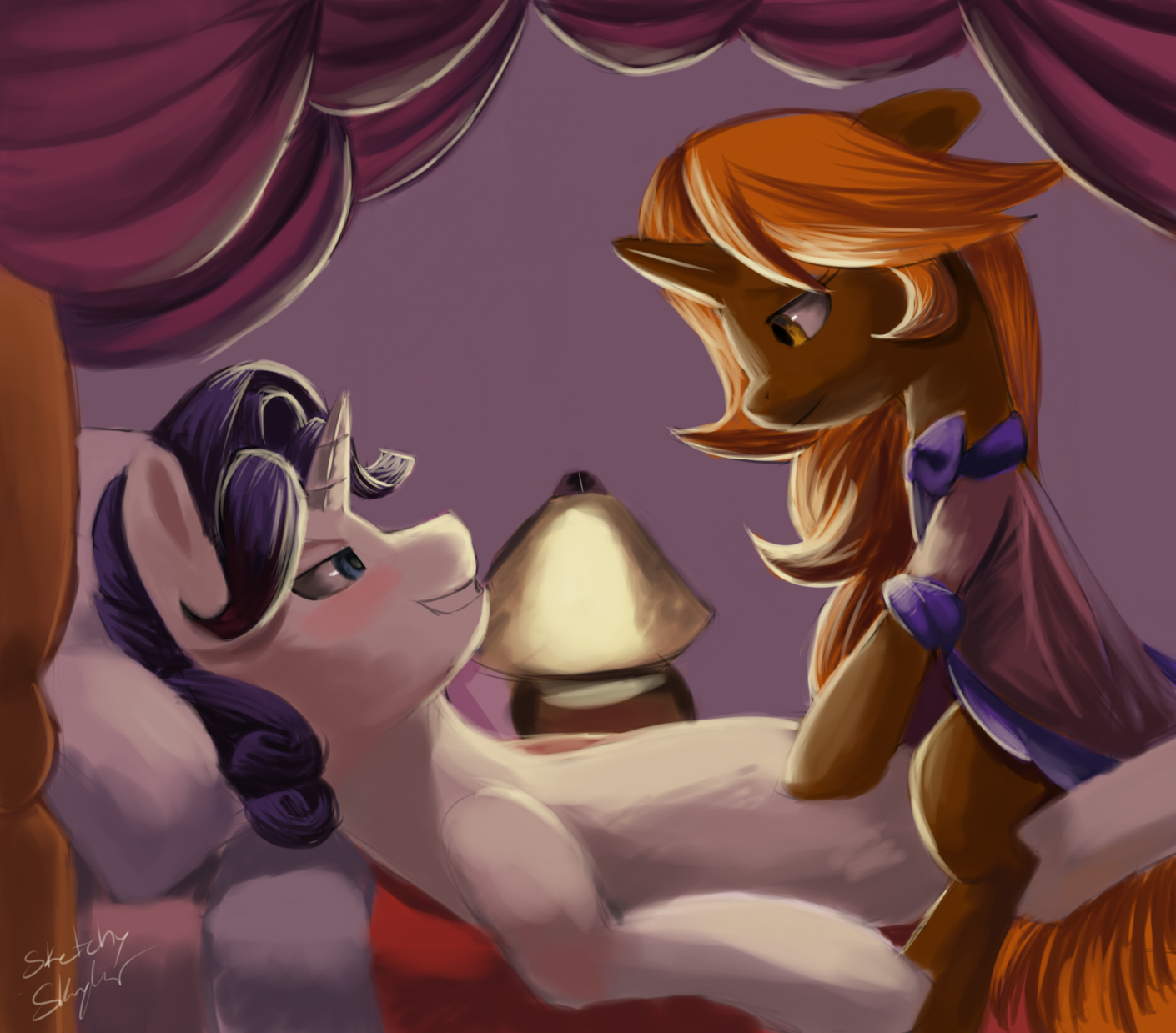 sketchy skylar, rarity (mlp), friendship is magic, my little pony, rule 63, bed, bedroom, blush, duo, equine, eye contact, feral, hair, horn, inside, lamp, lying, mammal, on back, pillow, purple hair, sex, unicorn, 