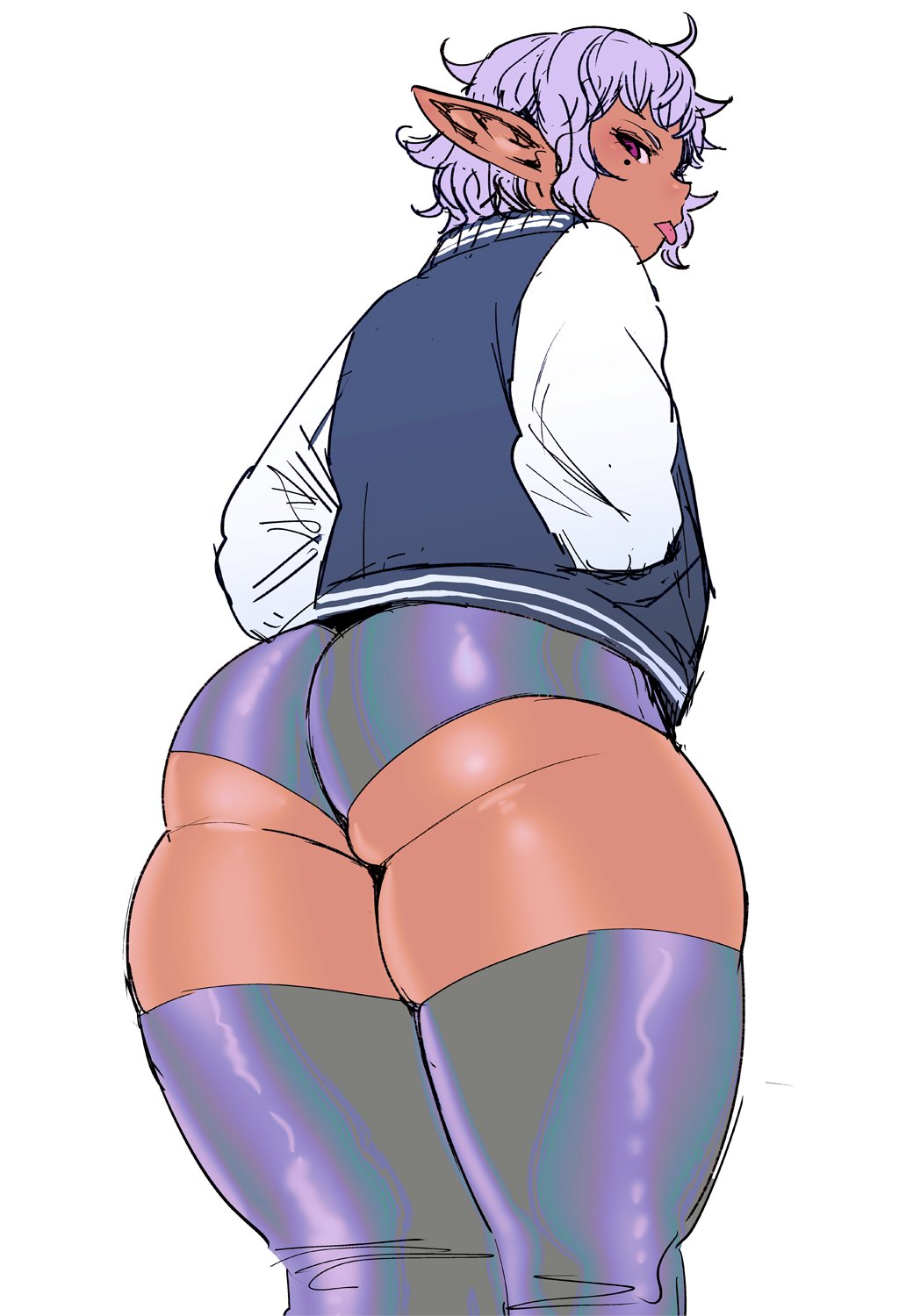 synecdoche, kuroeda-san, elf-san wa yaserarenai, white background, alternate hairstyle, ass, dark-skinned female, dark skin, elf, huge ass, jacket, looking back, mole, pointy ears, short hair, thick thighs, thighhighs, tongue, tongue out, wide hips, 