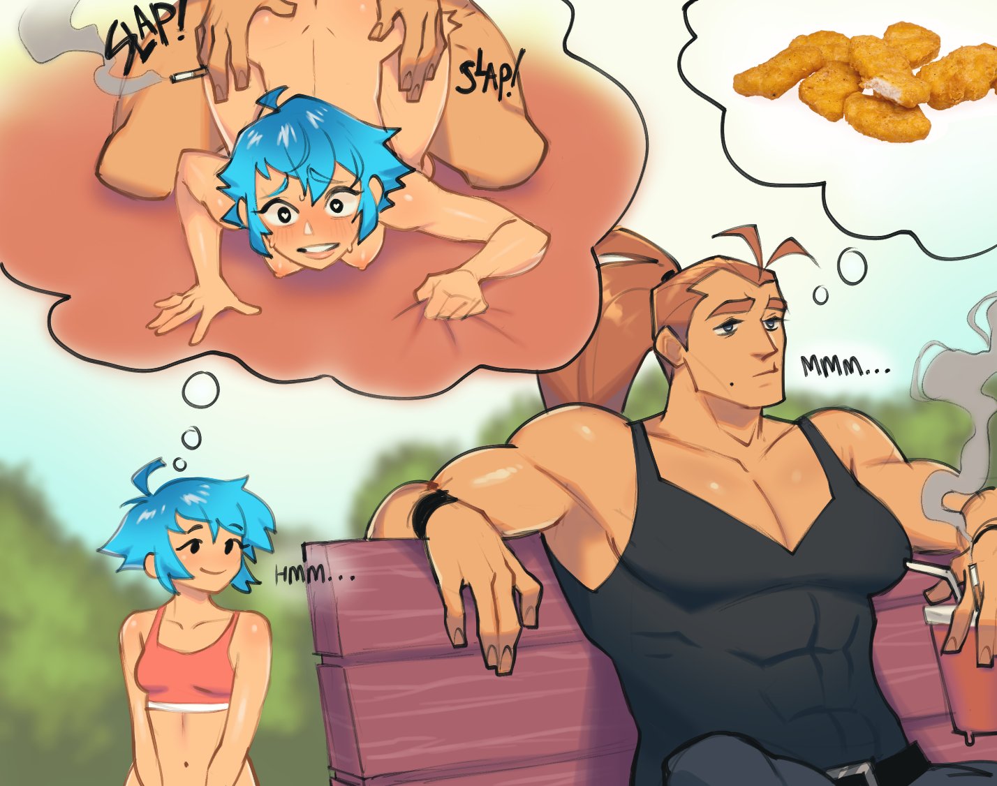 original character, original, text, thought bubble, 2girls, abs, areolae, b0nerbat, beauty mark, bench, blue hair, breasts, chicken nuggets, cigarette, clapping cheeks, clenched teeth, daydream, doggy style, fantasizing, female, female only, from behind, midriff, midriff baring shirt, muscular female, navel, nipples, outside, ponytail, sex, sheet grab, short hair, smile, smoking, sports bra, sweat, yuri, 