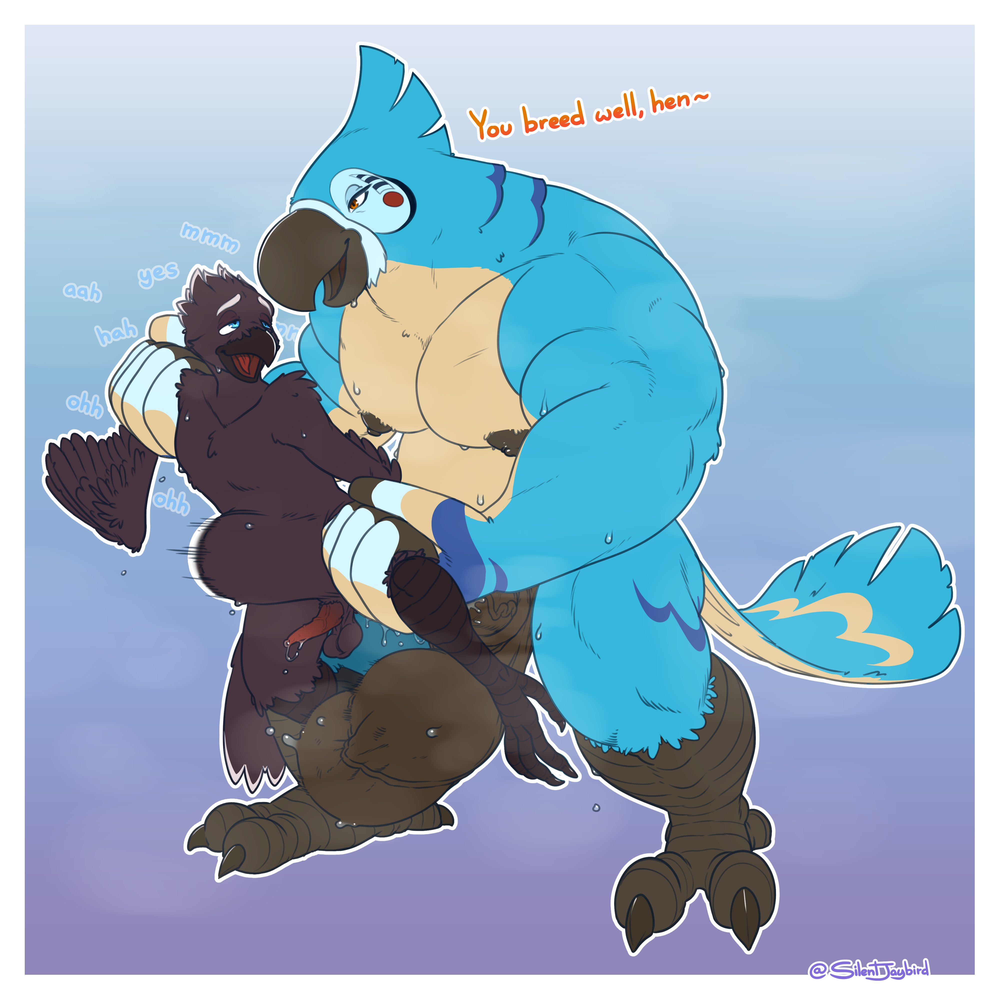 passerine, silentjay, breath of the wild, nintendo, the legend of zelda, absurd res, hi res, anthro, avian, balls, big balls, big penis, bird, bodily fluids, corvid, corvus (genus), crow, dialogue, duo, feathers, genital fluids, genitals, grabbing from behind, huge balls, huge cock, kass (tloz), lifted, male, male/male, musk, oscine, penis, precum, rito, size difference, steam, stomach bulge, sweat, tail feathers, tapering penis, winged arms, wings, 
