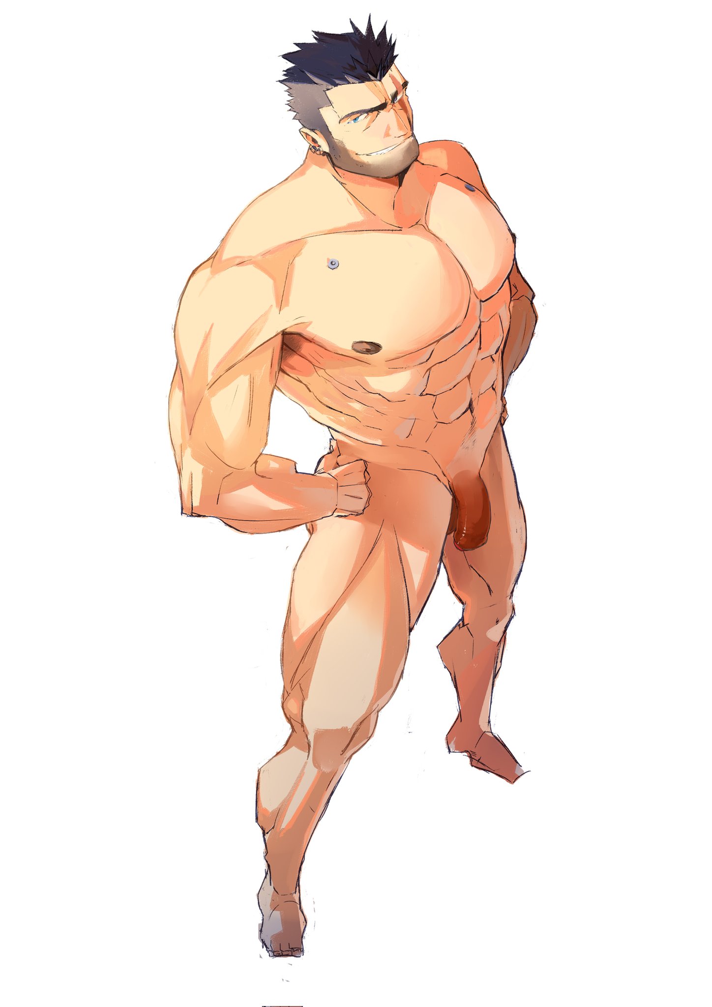 original, highres, 1boy, abs, bara, beard, blue hair, cigar, completely nude, dark blue hair, facial hair, flaccid, foreskin, from above, full body, large pectorals, male focus, multicolored hair, muscular, muscular male, nipples, nude, pectorals, rathalosx4, scar, scar across eye, seductive smile, short hair, smile, smirk, solo, standing, stomach, streaked hair, thighs, 