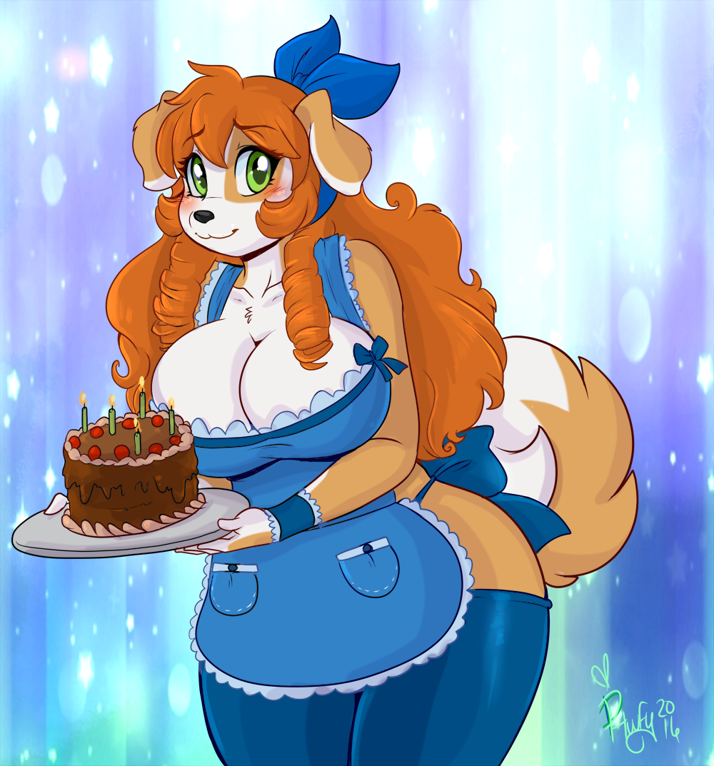 phuufy, kibbles, uberquest, webcomic, 1girls, :3, animal ears, apron, big breasts, black nose, blue apron, blue ribbon, blush, breasts, cake, cleavage, dog ears, female, furry, furry only, green eyes, hair ribbon, holding object, kibbles (uberquest), long hair, looking at viewer, no humans, orange hair, ribbon, round breasts, solo, solo female, solo focus, tail, thick thighs, thighs, two tone fur, webcomic character, 
