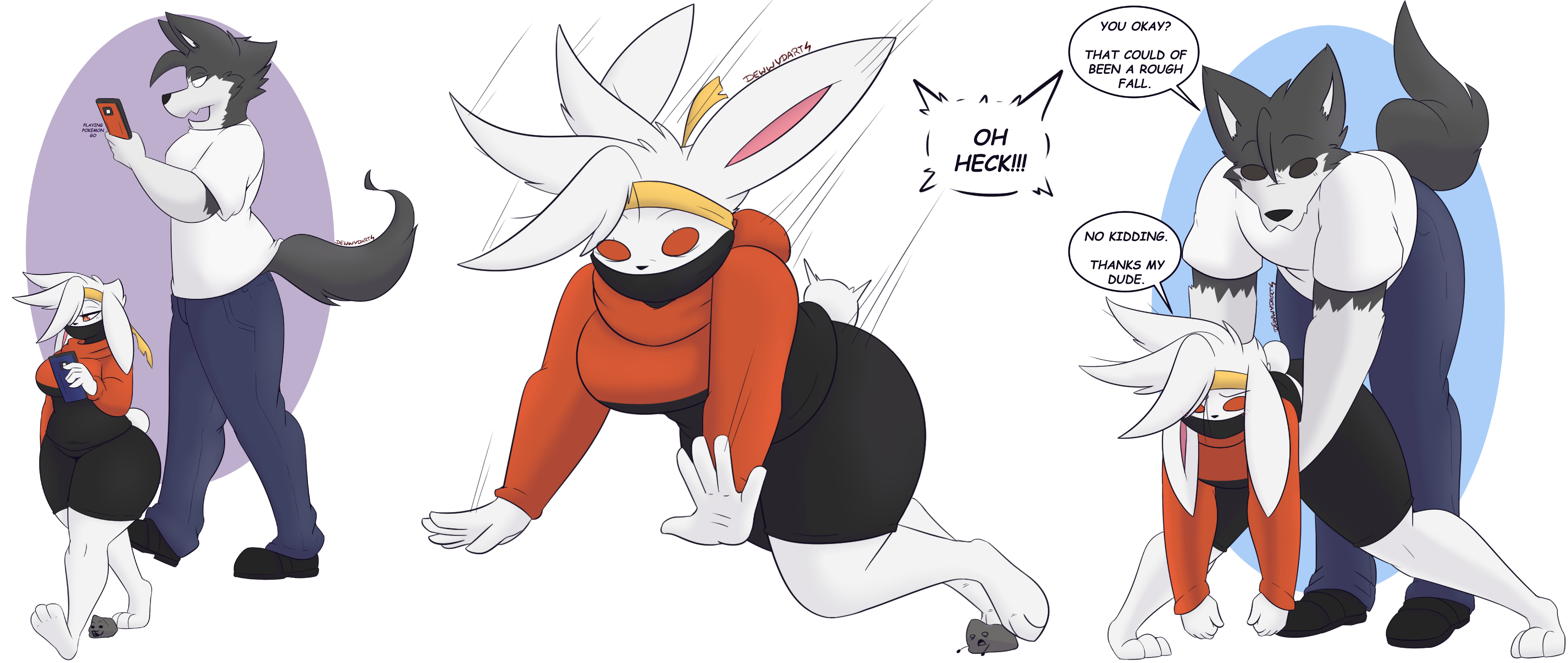 2021 3_toes 5_fingers accessory anthro barefoot big_breasts black_bottomwear black_clothing black_footwear black_shoes black_shorts bottomwear breasts canid canine canis catching cellphone clothing denim denim_bottomwear denim_clothing dew_(dewwydarts) dewwy_(dewwydartz) dewwydarts dewwydartz dialogue duo electronics english_text eva_(dewwydartz) feet female fingers footwear fur furry generation_8_pokemon grey_body grey_fur hair hair_over_eye headband hi_res holding_cellphone holding_object holding_phone holding_smartphone jeans larger_male looking_at_object looking_at_phone male mammal medium_breasts motion_lines mouth_covered multicolored_clothing nintendo one_eye_obstructed orange_eyes pants phone pokemon pokemon_(species) raboot rock scut_tail shirt short_tail shorts simple_background simple_eyes size_difference smaller_female smartphone solo tagme tail text thick_thighs toes topwear tripping two-tone_clothing white_background white_body white_clothing white_fur white_hair white_shirt white_topwear wide_hips wolf yellow_headband