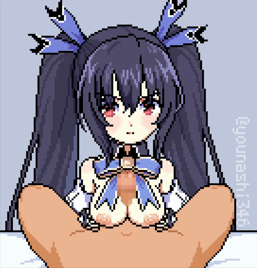 1boy 1girls animated bare_shoulders black_hair blush breasts censored clothed compile_heart cum_on_breasts ejaculation female gif hands_on_breasts idea_factory light_skin looking_at_viewer male neptunia_(series) nipples noire open_mouth paizuri penis pixel_art pov red_eyes twintails younashi_346