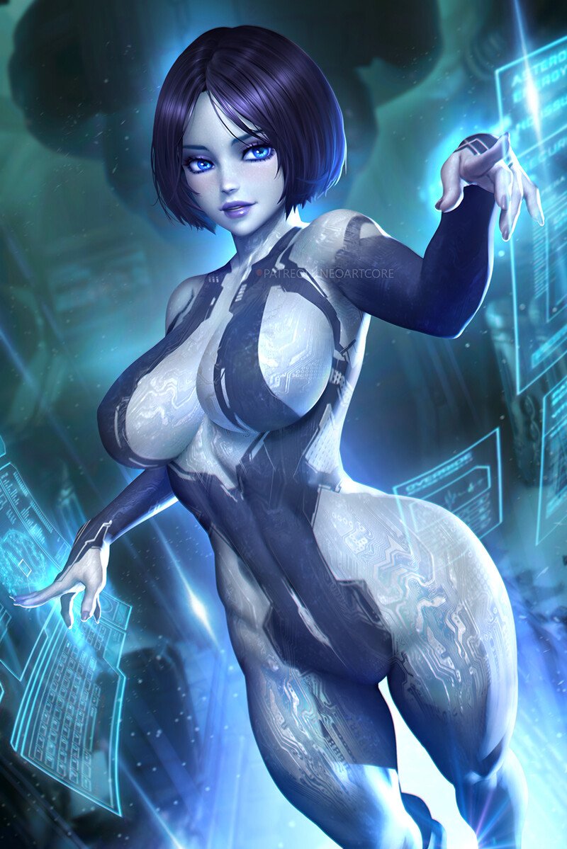 cortana, tagme, artificial intelligence, big breasts, blue skin, halo, 