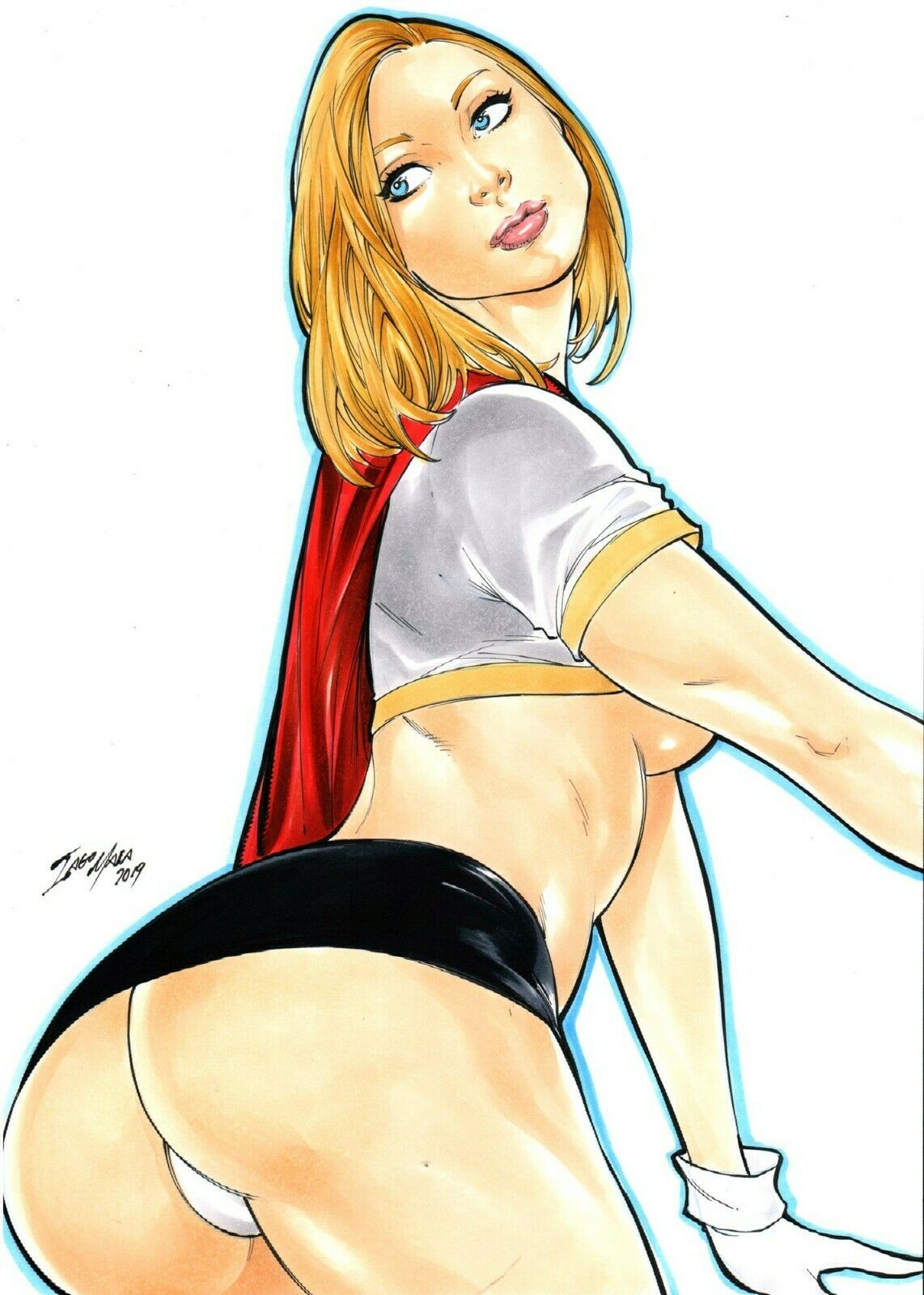 ed benes studio, iago maia, kara zor-el, supergirl, dc, dc comics, superman (series), 2019, dated, white background, 1girls, ass, black miniskirt, black skirt, blonde hair, blue eyes, breasts, cape, dat ass, eyeshadow, female, female only, gloves, lipstick, looking back, makeup, mascara, miniskirt, panties, pink lips, pink lipstick, pinup, red cape, round ass, shirt, short shirt, signature, skirt, solo, superheroine, thighs, traditional media, underboob, white gloves, white panties, white shirt, 