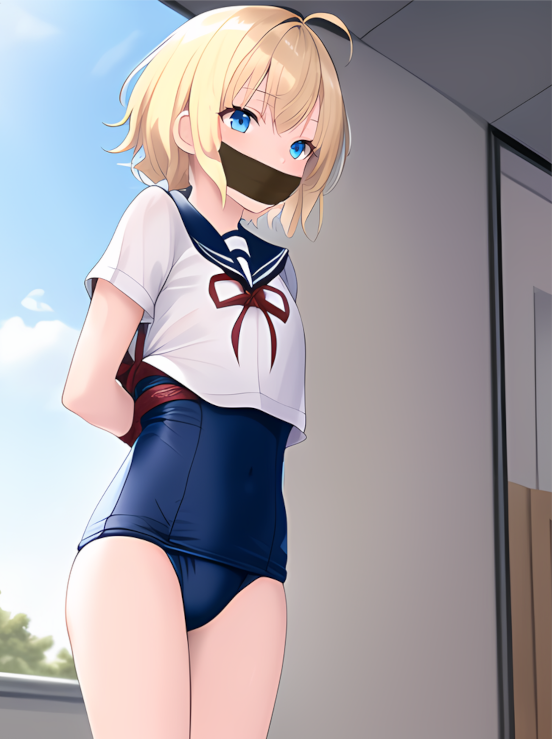 ai generated, arms tied behind back, blonde hair, blue eyes, bondage, female, gag, gagged, looking at viewer, swimsuit, tape gag, 