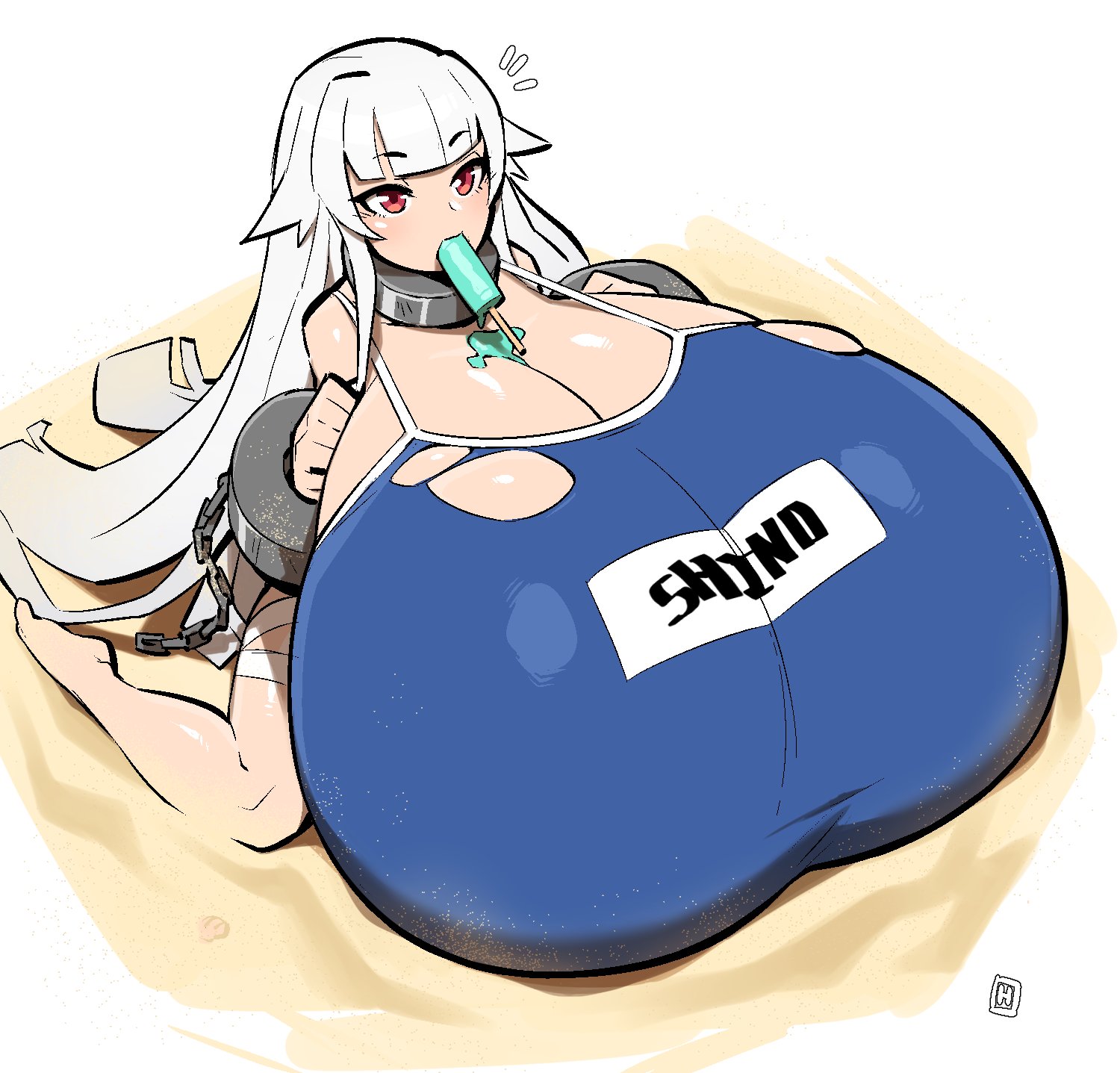 thehelmetguy, character request, copyright request, tagme, 1girls, breasts, chains, cleavage, female, female only, hyper breasts, popsicle, solo, 