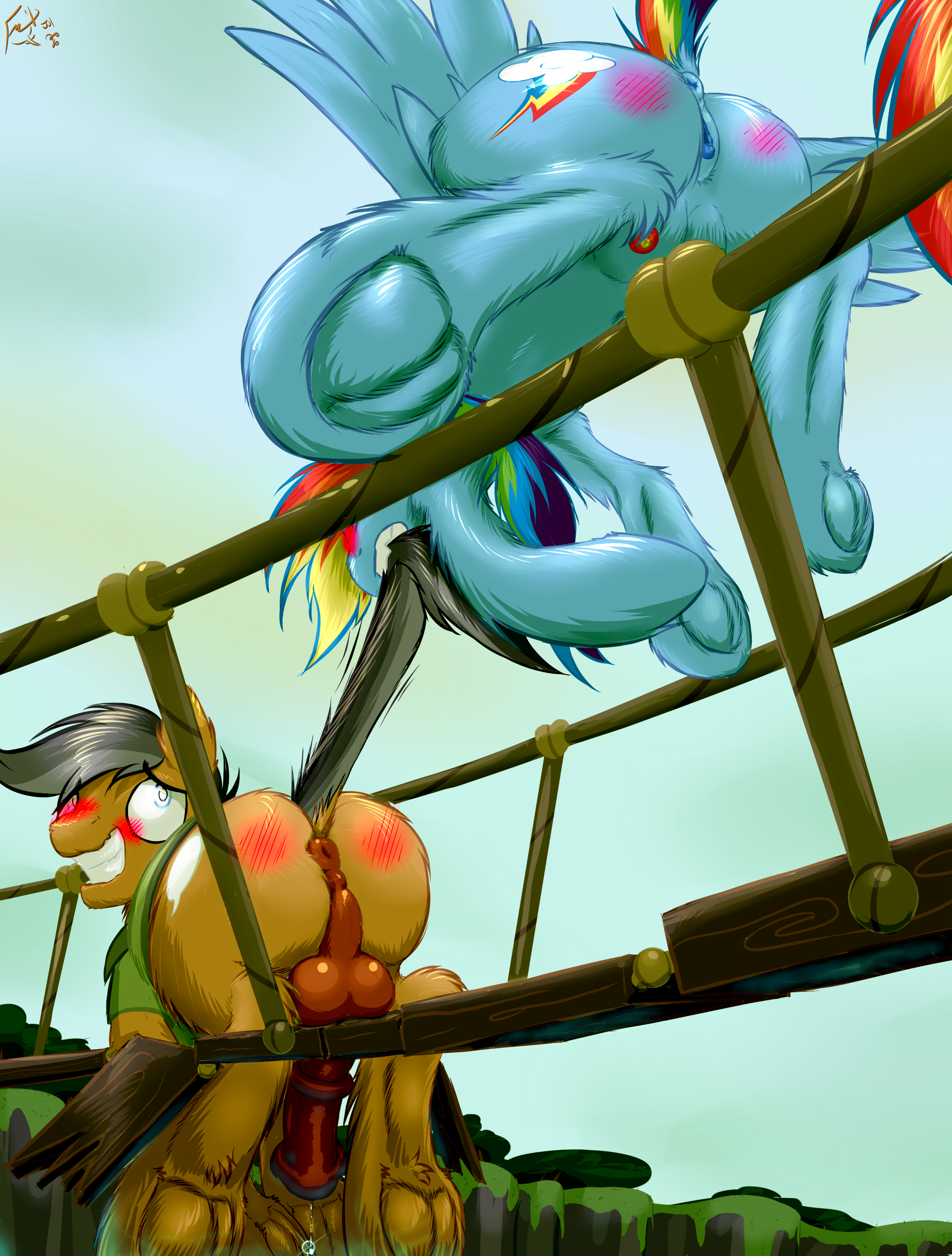 frist44, quibble pants (mlp), rainbow dash (mlp), friendship is magic, my little pony, 2016, absurd res, hi res, animal genitalia, animal penis, animal pussy, anus, ass, balls, blue feathers, blue fur, blush, bridge, brown fur, butt blush, clothed, clothing, cutie mark, duo, earth pony, equine, equine penis, equine pussy, erection, feathered wings, feathers, female, feral, fur, hair, horse, horsecock, male, mammal, multicolored hair, outside, pegasus, penis, pony, pussy, rainbow hair, sky, smile, spread wings, teeth, wings, 