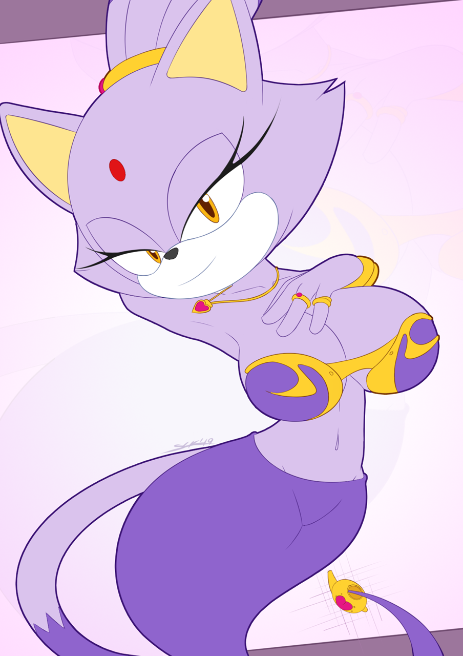 slickehedge, slickehedgehog, blaze the cat, sega, sonic (series), 2d, color, anthro, armpits, breasts, female, female only, furry, genie, 