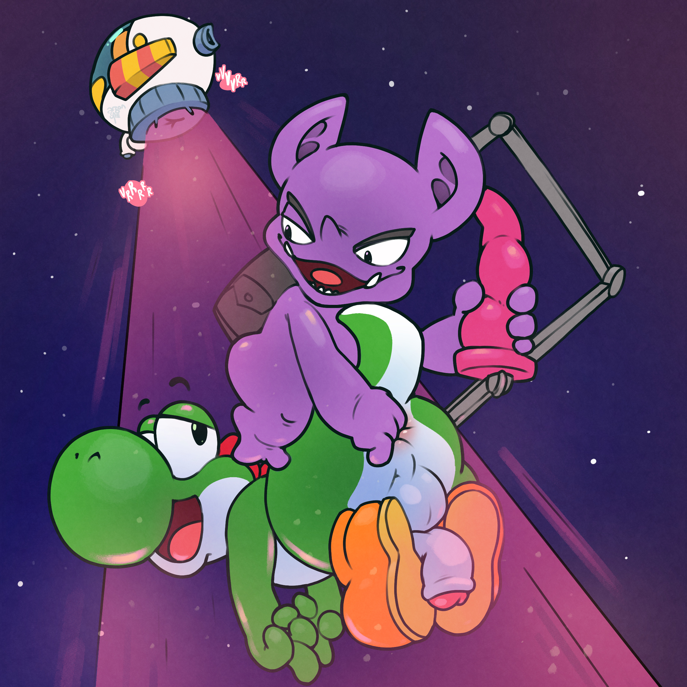 argon vile, tatanga, yoshi, mario bros, nintendo, absurd res, hi res, abduction, alien, ambiguous gender, anal, anal fingering, dildo, fingering, foreskin, genitals, impending anal, male, male/ambiguous, penis, sex toy, spacecraft, tractor beam, vehicle, video games, 
