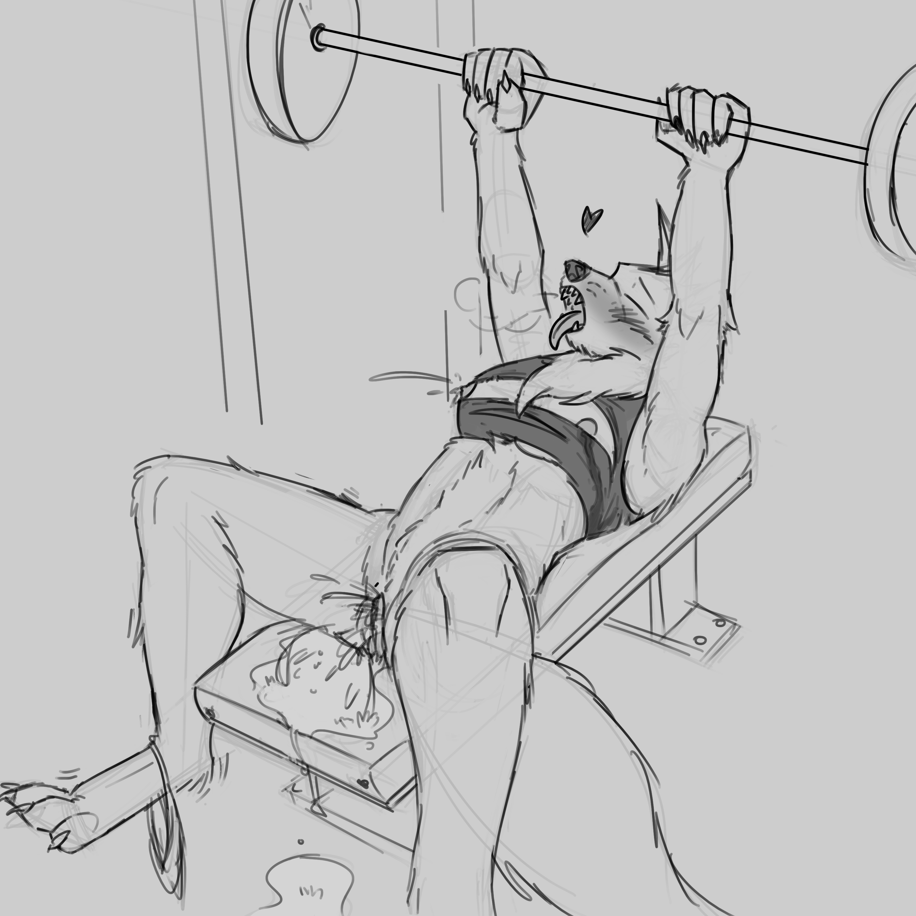 zvezda, 2016, hi res, monochrome, tagme, anthro, blush, bra, breasts, canine, claws, clothing, cum, exercise, female, female only, fur, gym, kavaeric, lactation, mammal, nipples, open mouth, panties, panties around one leg, pussy, samoyed, solo, teeth, toe claws, tongue, tongue out, underwear, weights, 