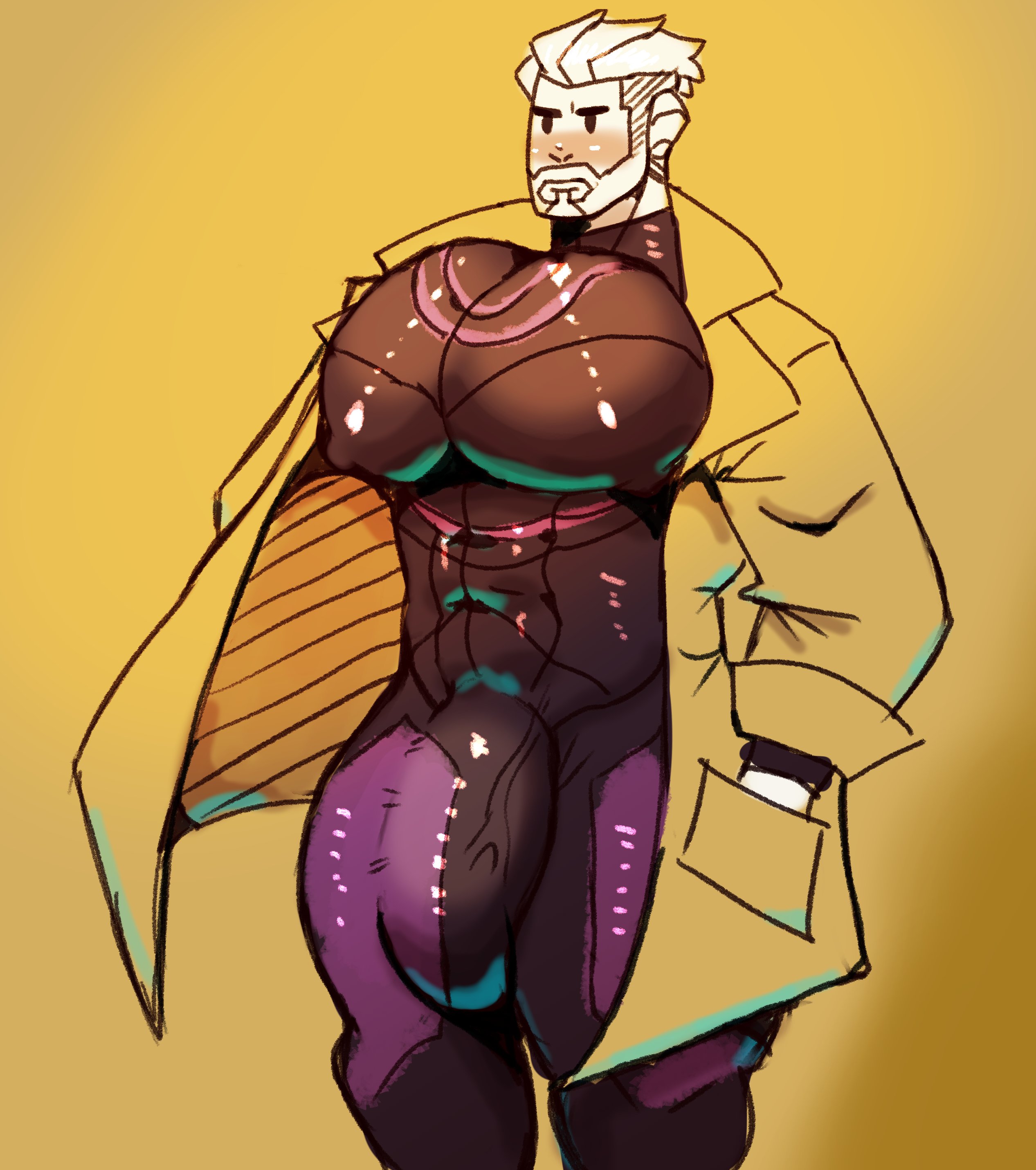 unknown artist, npc trainer, game freak, nintendo, balls, bara, beard, big bulge, big pecs, big penis, blush, bodysuit, bulge, facial hair, gay, hands in pockets, labcoat, male, male only, muscles, muscular, penis, pokemon, pokemon sv, professor turo, solo, solo male, 