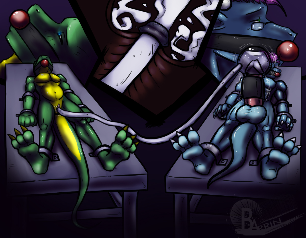 xianos, anthro, artificial insemination, ball gag, big balls, bondage, cum, cum machine, cum milking, cum transfer, forced orgasm, gagged, intersex, machine, milking, milking machine, reptile, reptile humanoid, restrained, restraints, scalie, table, 