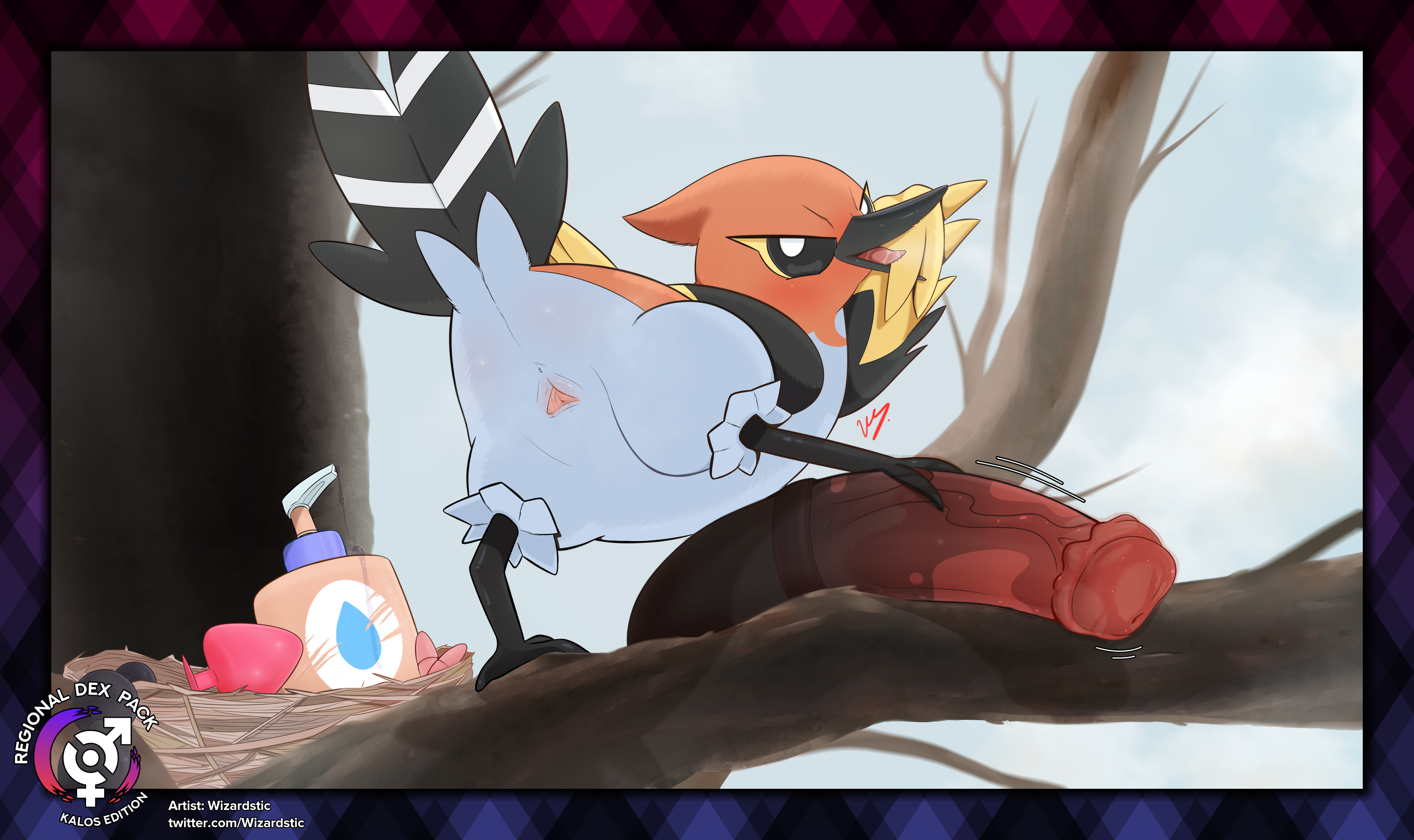 2_toes absurd_res anal_beads anal_plug animal_dildo animal_genitalia animal_sex_toy ass avian avian_feet beak beckoning bedroom_eyes black_beak black_body black_eyes black_feathers black_markings black_sclera black_talons bodily_fluids border branch buttplug cloaca cloaca_juice cloud countershading day dildo egg_vibrator equine_dildo feathers feet female feral feral_only fletchinder foot_on_dildo generation_6_pokemon genital_fluids genitals gesture hi_res inviting_to_sex lube lube_bottle markings narrowed_eyes nest nintendo open_beak open_mouth orange_body orange_feathers outside overcast pink_tongue plant plug_(sex_toy) pokemon pokemon_(species) presenting presenting_cloaca presenting_hindquarters pupils raised_tail seductive sex_toy sky solo standing_over_dildo steamy_breath stripes tail tail_feathers text thewizardstick toes tongue tongue_out tree url vibrator watermark white_body white_countershading white_feathers white_pupils white_stripes wings yellow_body yellow_feathers yellow_markings