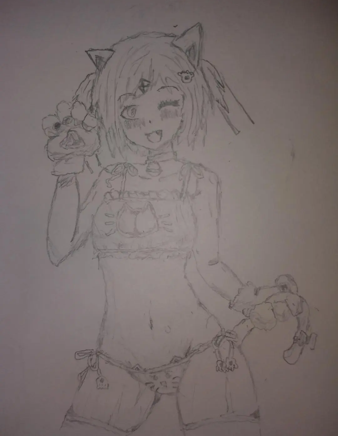 1girls artist_request breasts cat_ears cat_girl cat_tail catgirl cleavage cleavage_cutout cutout doki_doki_literature_club female female_only monochrome natsuki_(doki_doki_literature_club) navel neko sketch solo