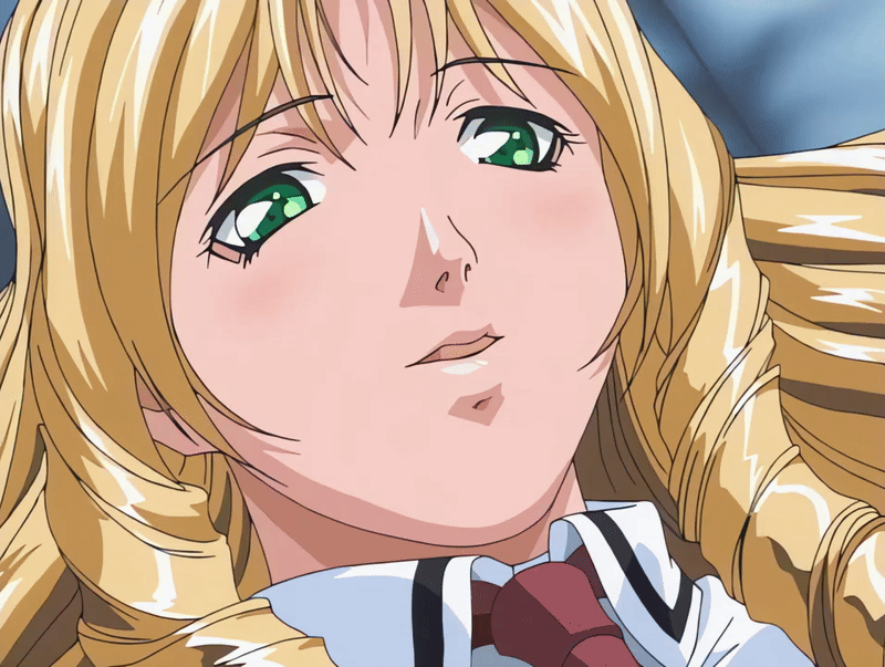 00s 1girls 2001 animated bible_black bible_black_night_of_the_walpulgiss blonde_hair blush drill_hair drill_sidelocks female green_eyes long_hair lying necktie nodding red_necktie school_uniform shiraki_rika shirt sidelocks smile solo tagme