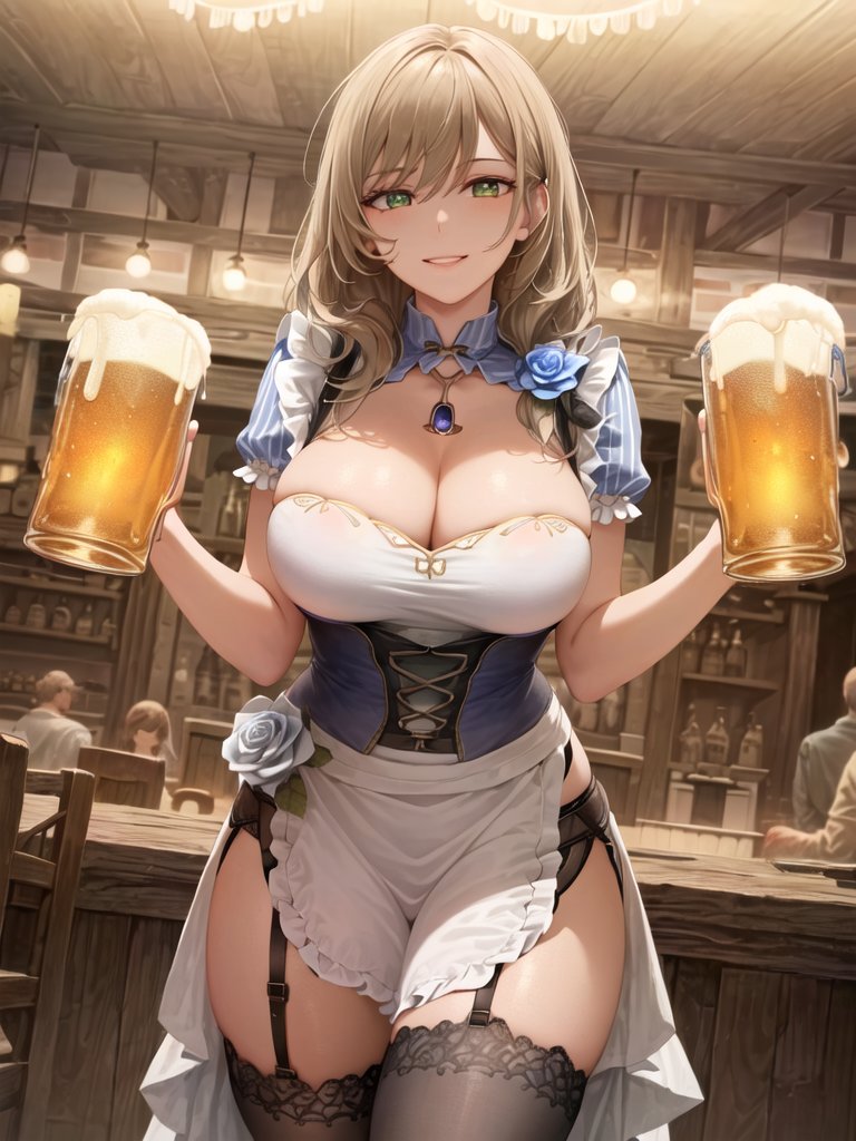 1girls, alcohol, beer, beer mug, breasts, brown hair, busty, cleavage, drink, garter belt, garter straps, genshin impact, green eyes, large breasts, lingerie, lingerie under clothes, lisa (genshin impact), looking at viewer, mature female, milf, smile, tavern, thick thighs, thighhighs, waitress, 