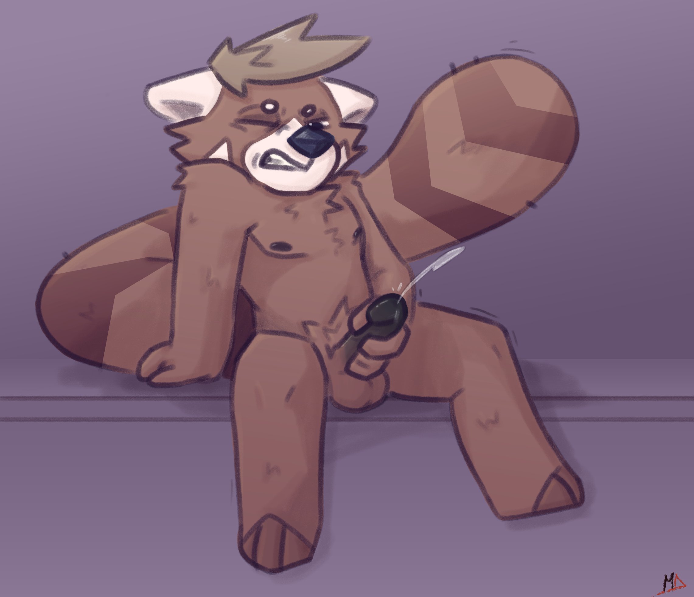 2019, hi res, simple background, ailurid, anthro, balls, bodily fluids, cum, ejaculation, erection, genital fluids, humanoid hands, humanoid penis, male, male only, mammal, masturbation, minedoo, moobs, nipples, penis, red panda, sitting, solo, 