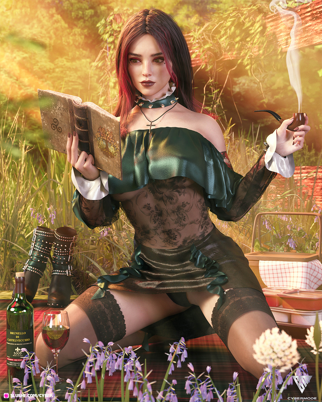 wiccan, slushe (website), 3d, 1girls, alcohol, arm tattoo, black hair, book, cross necklace, cyber (artist), dress, female, female only, glass, irish, long hair, necklace, outdoor, outdoors, outside, panties, pinup, pipe, reading, red hair, skirt, smoking, solo, solo female, spiked collar, tattoo, thighhighs, translucent clothing, two-tone hair, underboob, wine, wine glass, witch, 