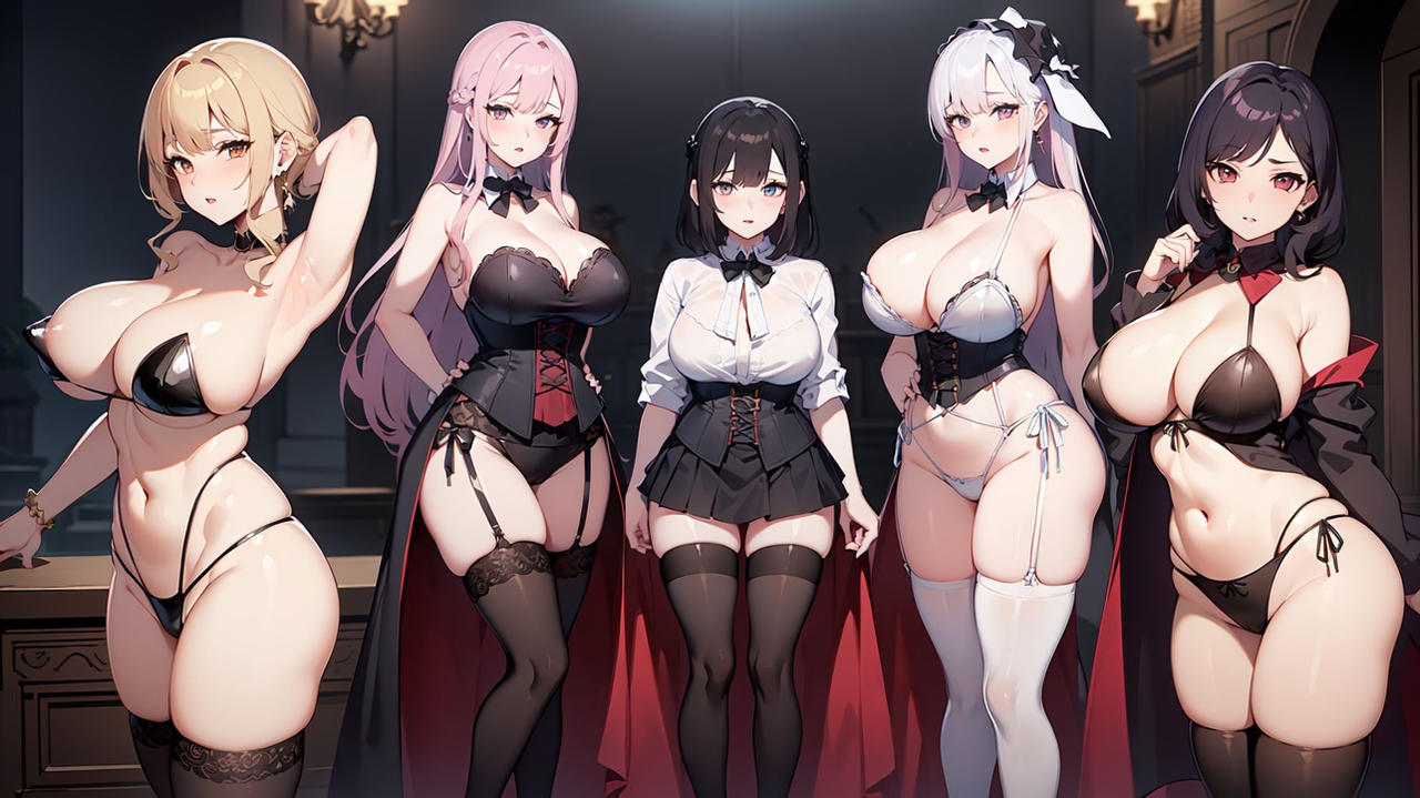 tagme, 2023, 5girls, ai generated, ai hands, anime nose, bangs, black hair, blue eyes, breasts, breasts bigger than head, cleavage, cloak, clothed female, collar, huge breasts, jacket, large breasts, leotard, long hair, medium hair, pink eyes, pink hair, robe, short hair, skirt, thighs, thong, tie, uniform, white hair, witch, witch hat, 